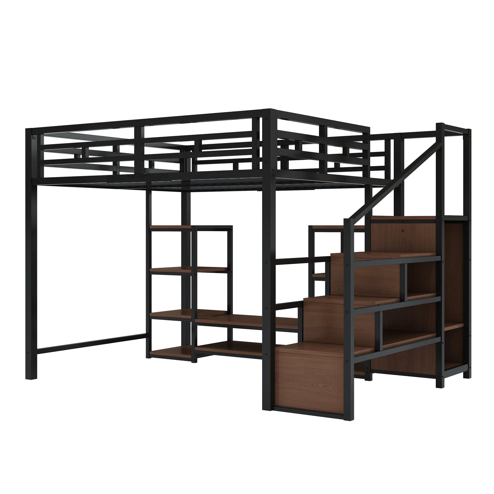 Loft Bed 140x200 TV Stand Power Outlet Safety Ladder, Metal/Wood Black - Image 5