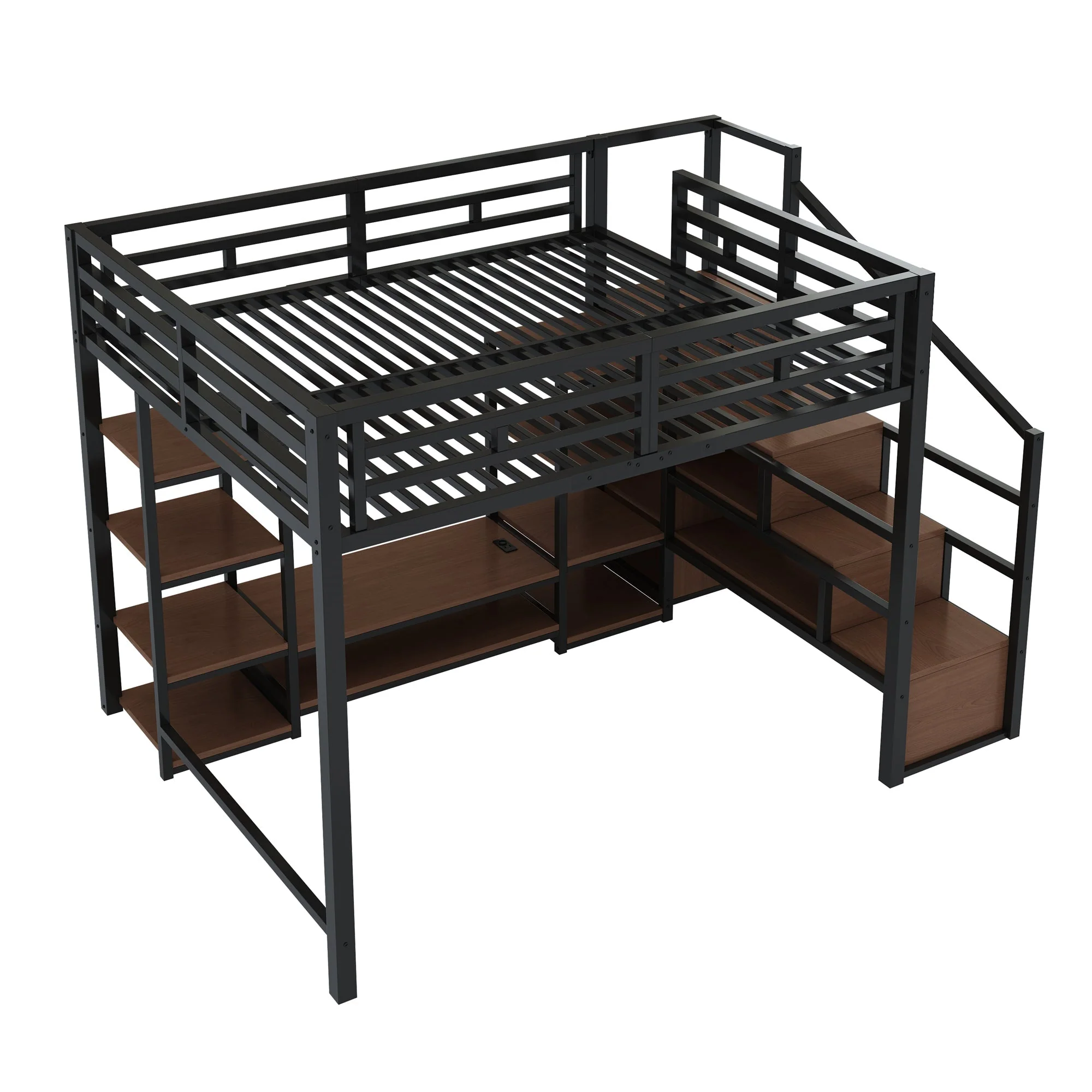 Loft Bed 140x200 TV Stand Power Outlet Safety Ladder, Metal/Wood Black - Image 6