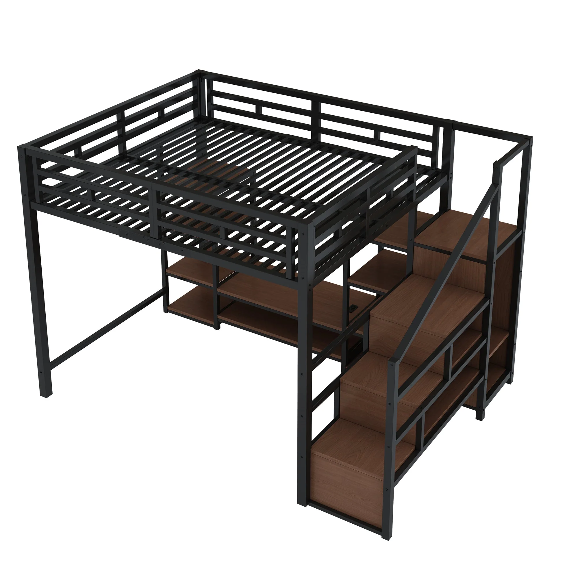 Loft Bed 140x200 TV Stand Power Outlet Safety Ladder, Metal/Wood Black - Image 7