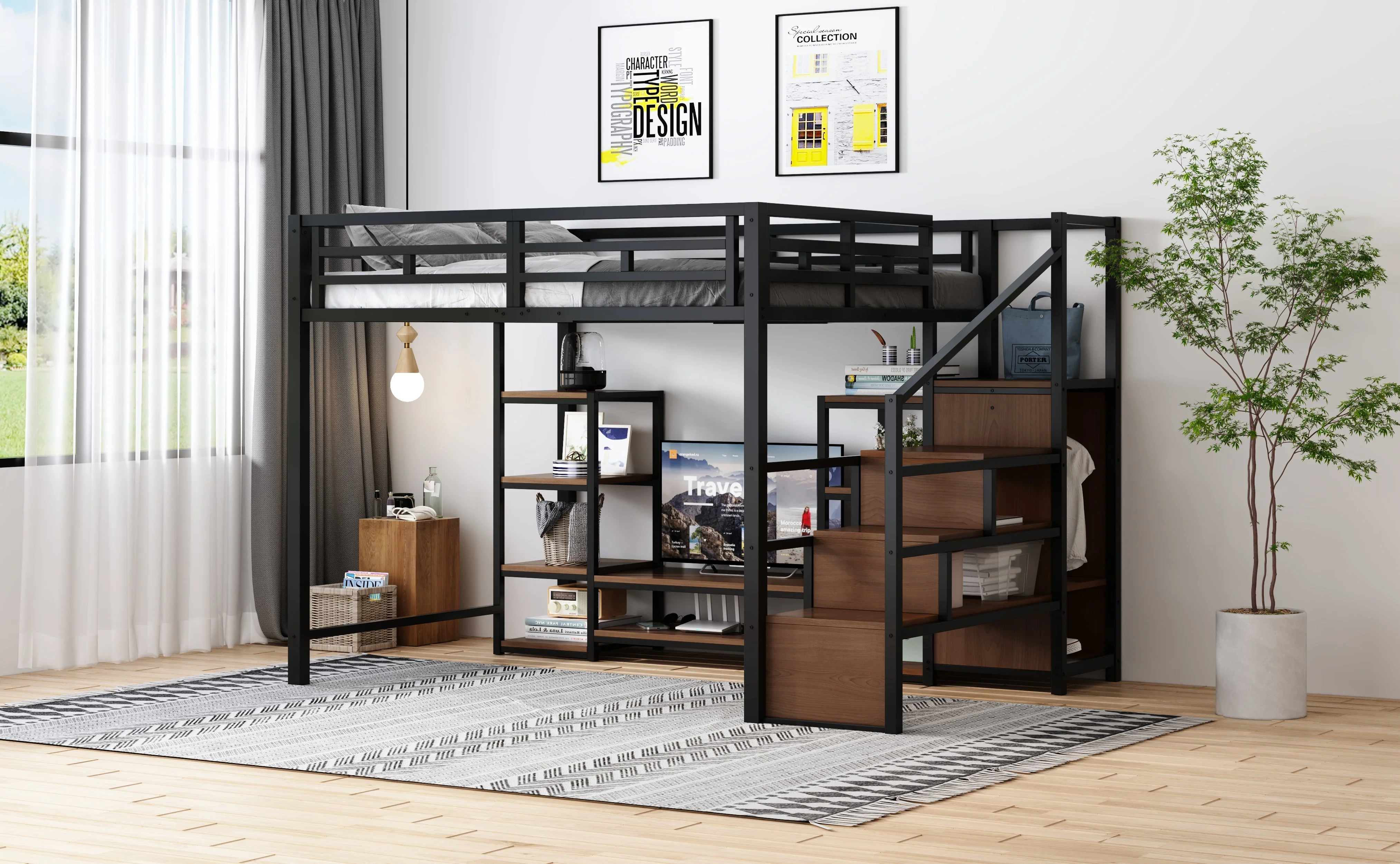 Loft Bed 140x200 TV Stand Power Outlet Safety Ladder, Metal/Wood Black - Image 8