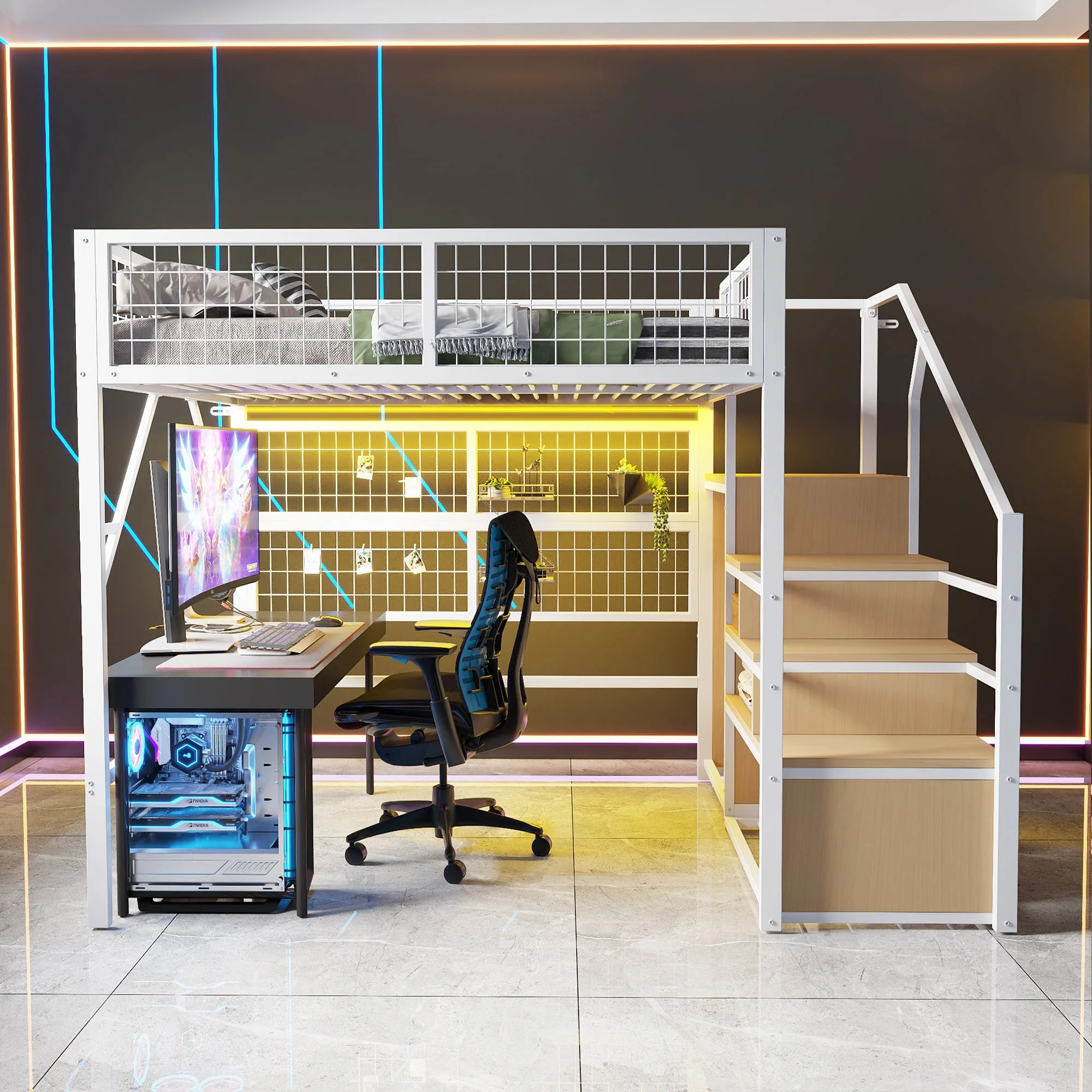 Loft Bed, 140x200 with LED Light Strips & Storage Stairs, Metal White - Image 6