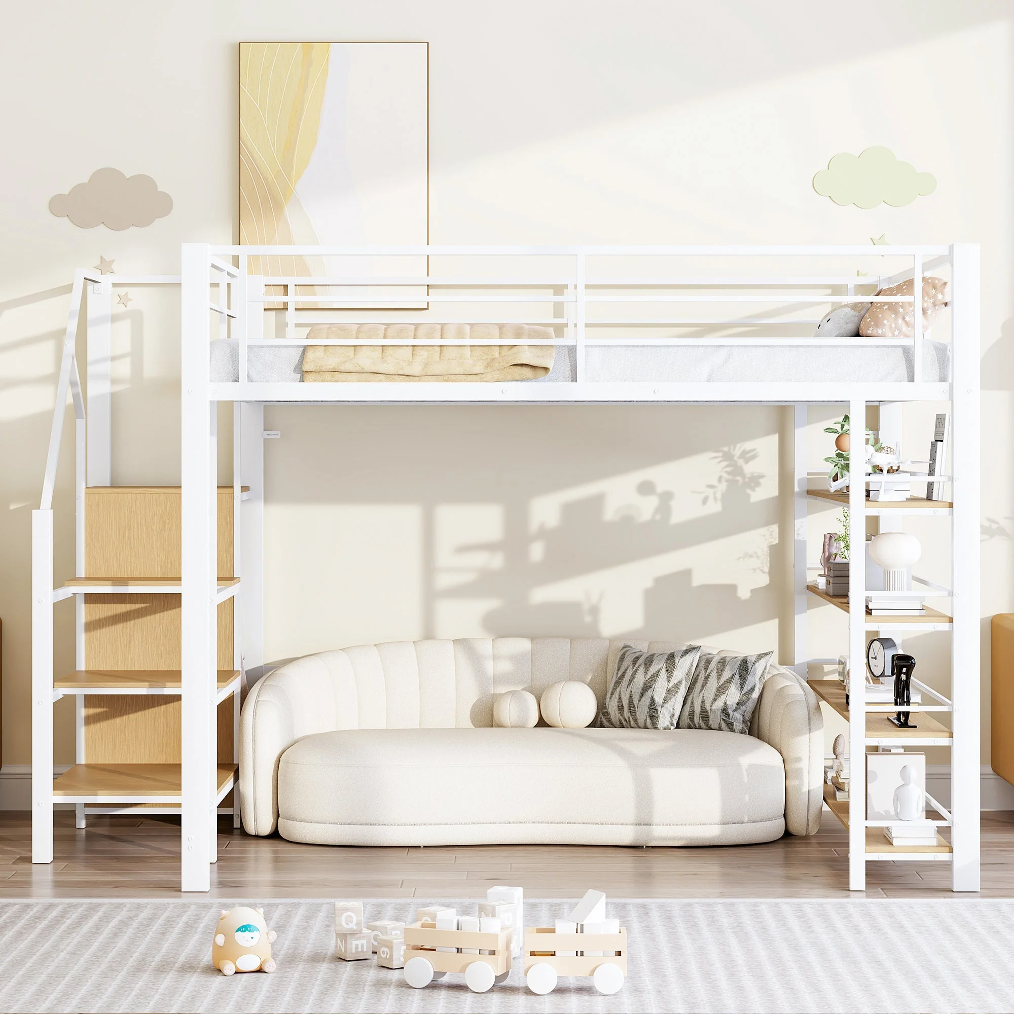 Loft Bed 140x200 with Safety Stairs Storage Wardrobe - White - Image 3