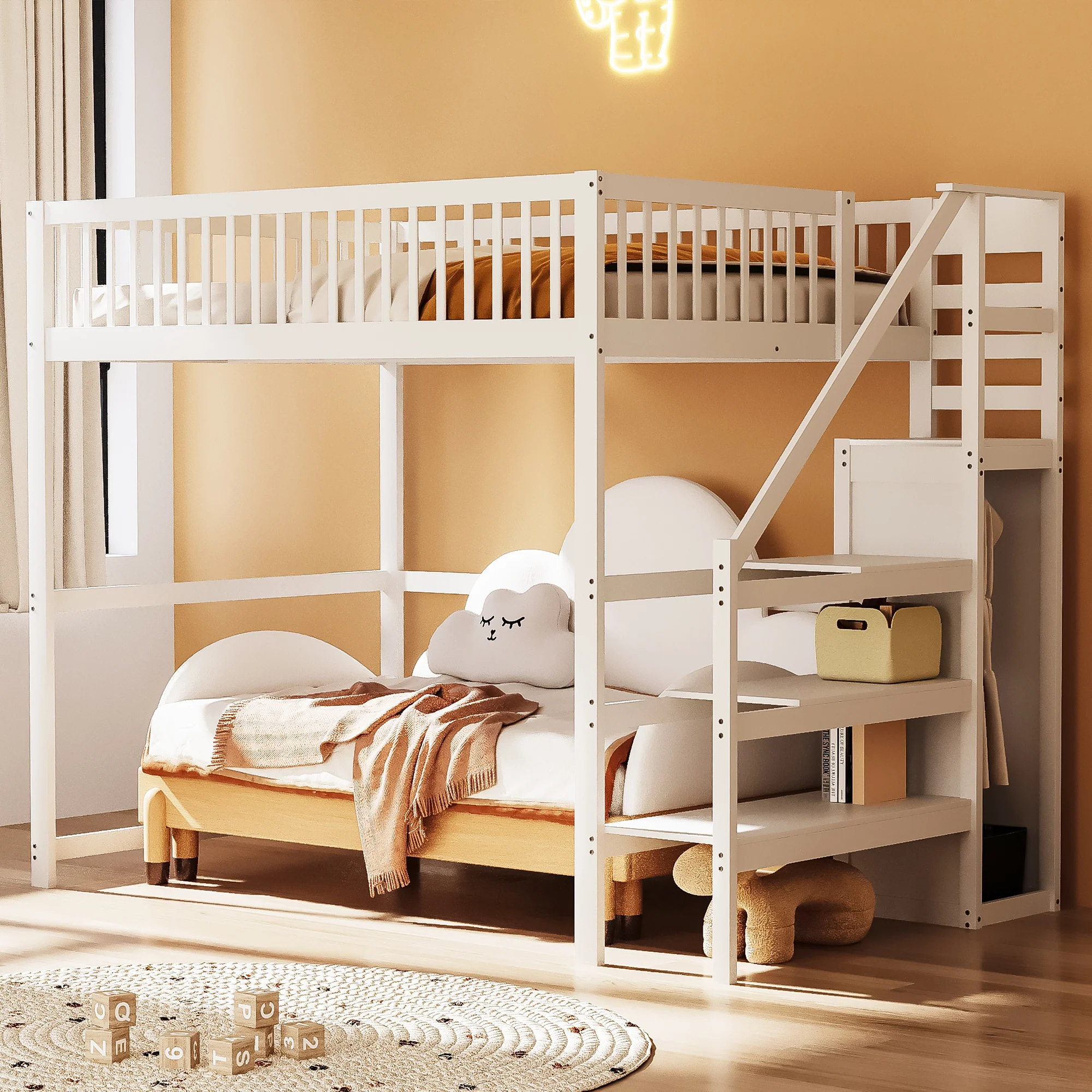 Loft Bed, 140x200 with Stairs, Storage, Wardrobe, White Wood - Image 3