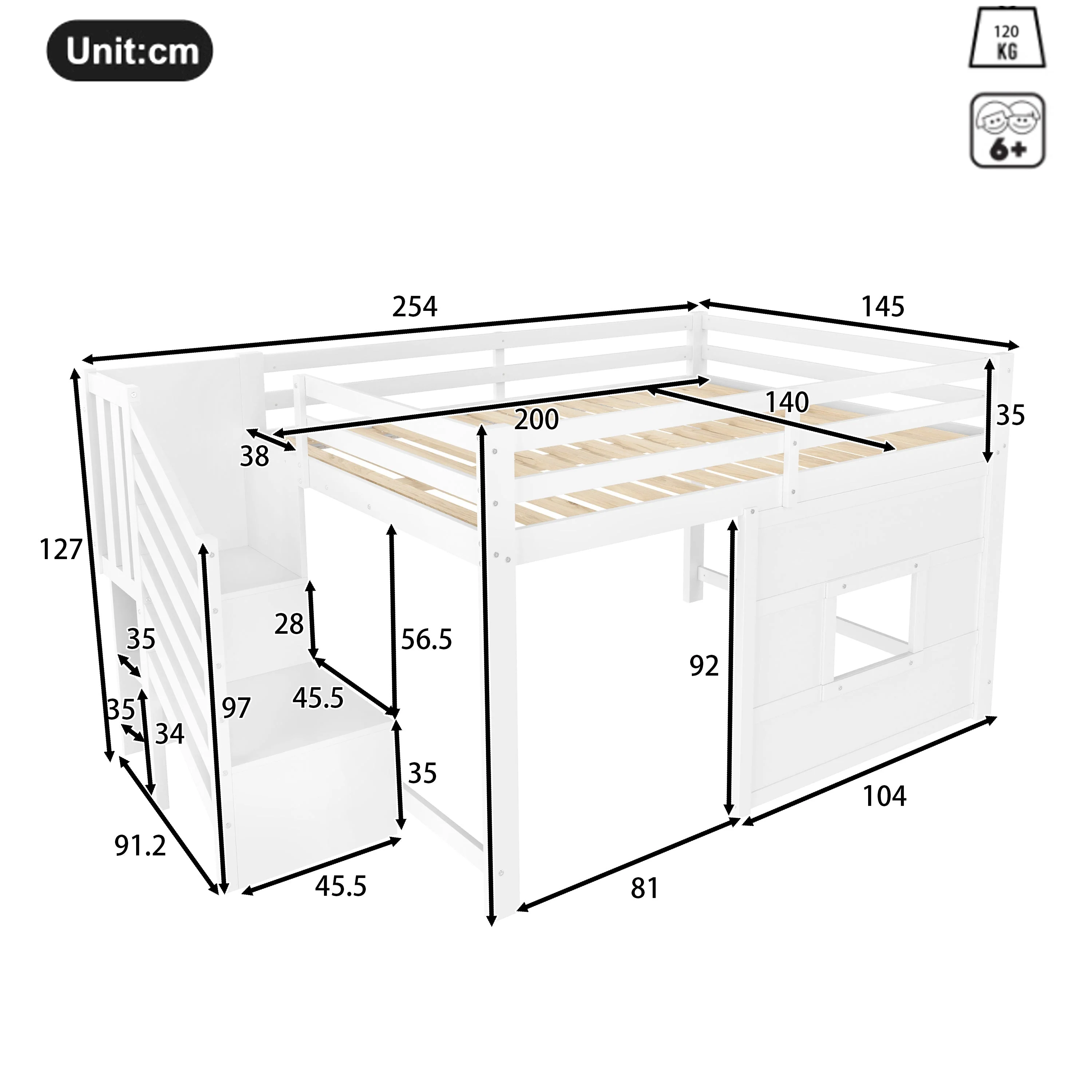 Loft Bed 140x200 with Storage Stairs and Window, White - Image 5