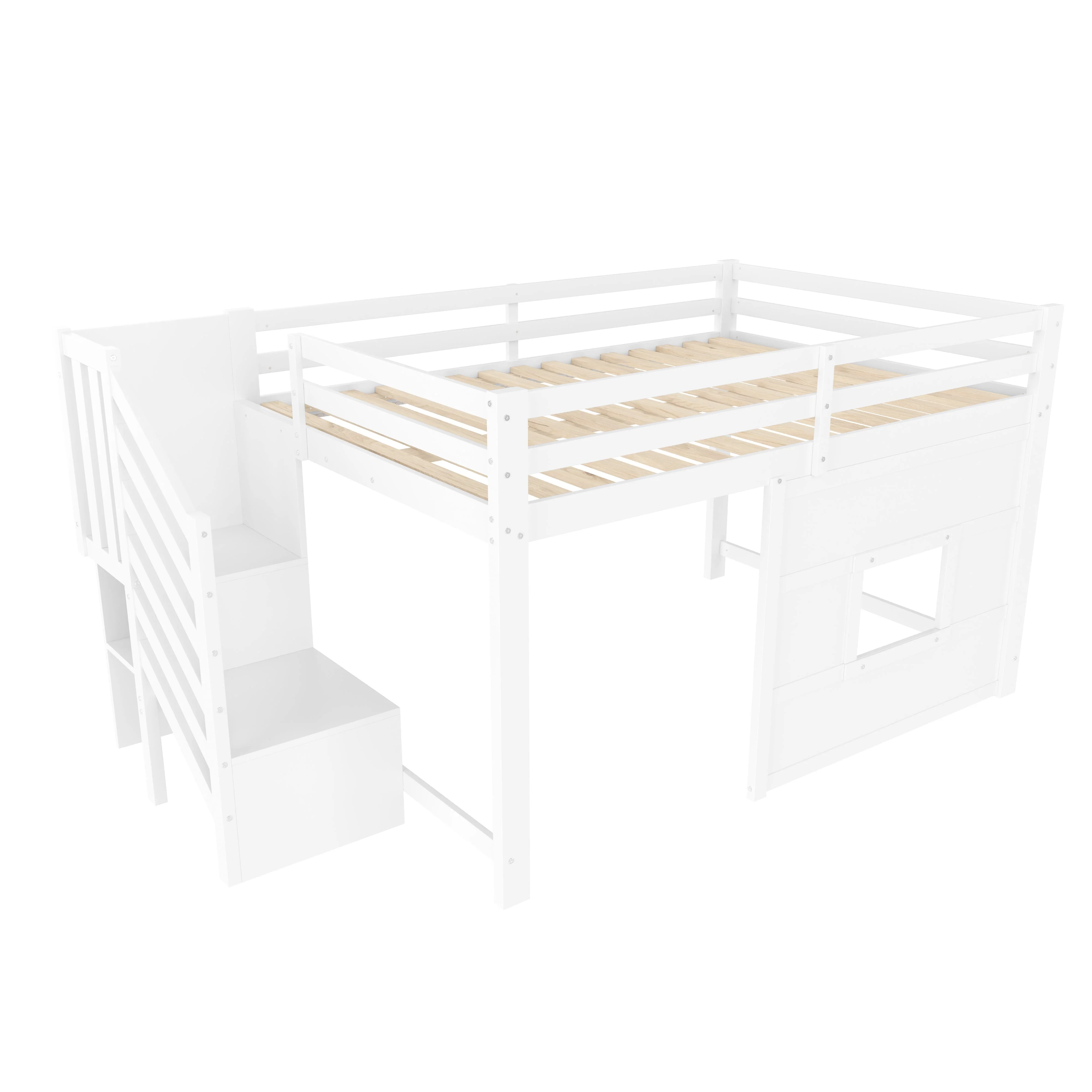 Loft Bed 140x200 with Storage Stairs and Window, White - Image 9