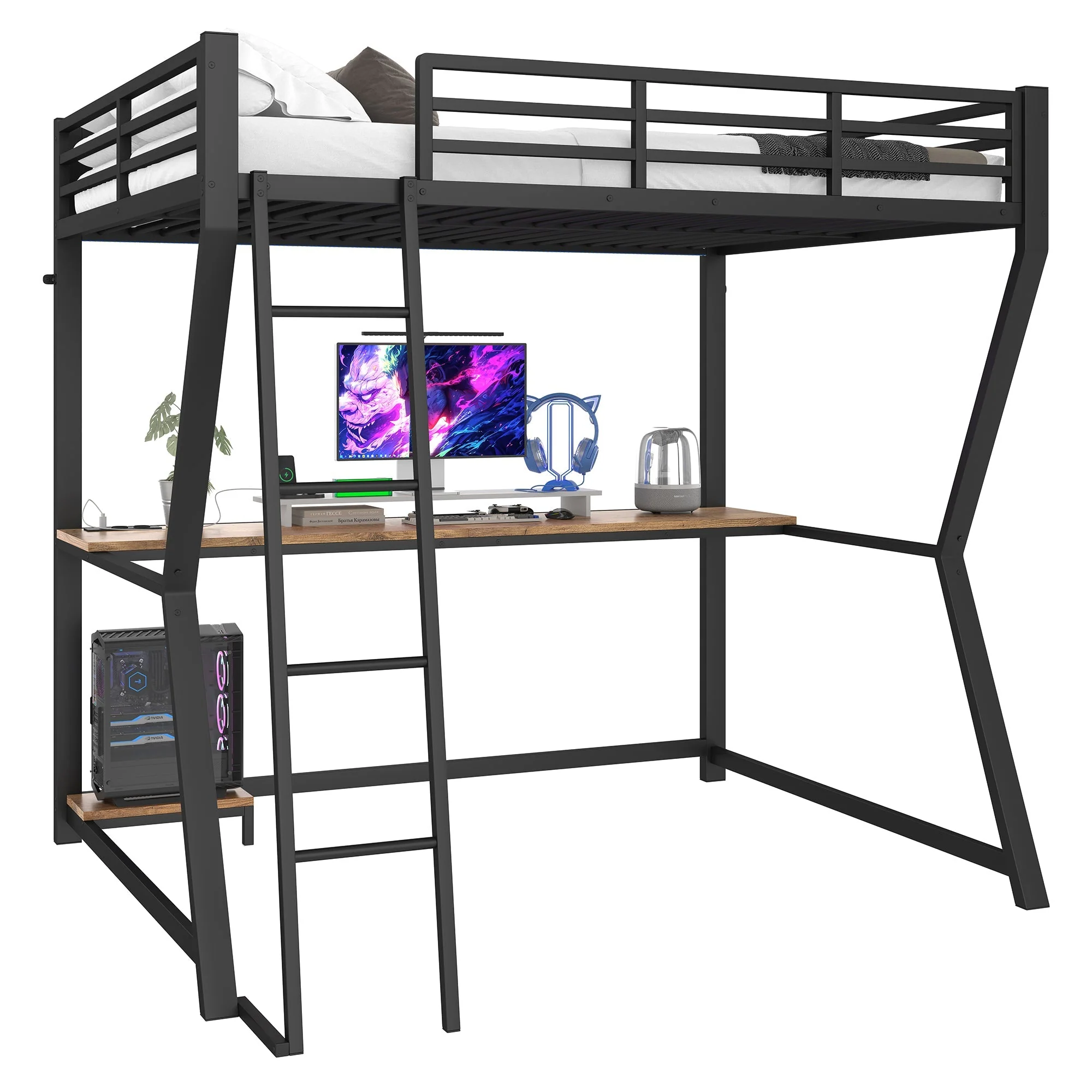 Loft Bed 140x200cm Desk Console Shelf LED USB/Power Stairs - Black - Image 10