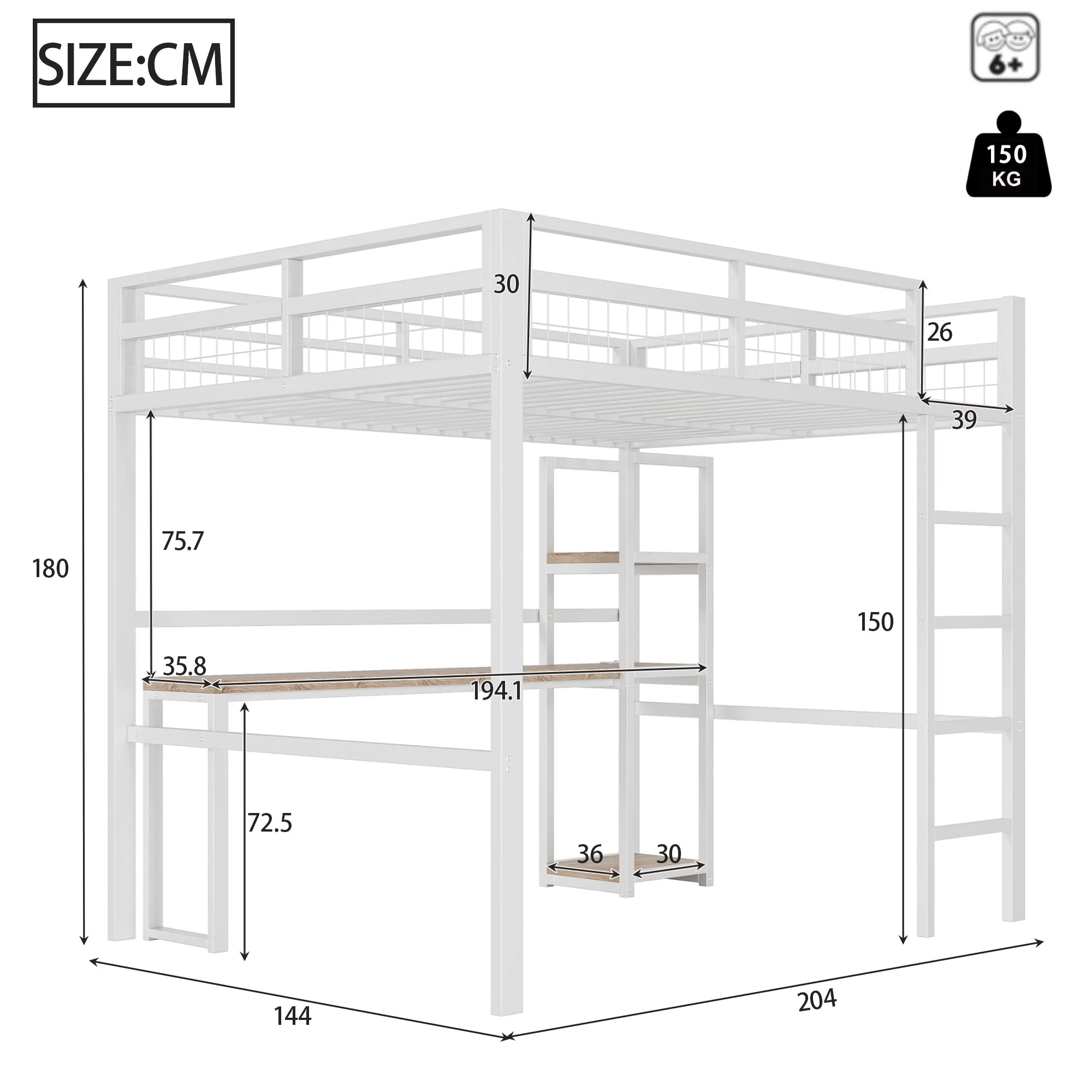 Loft Bed 140x200cm Desk Power/USB-C Shelves Stepladder - White Iron Frame - Image 8
