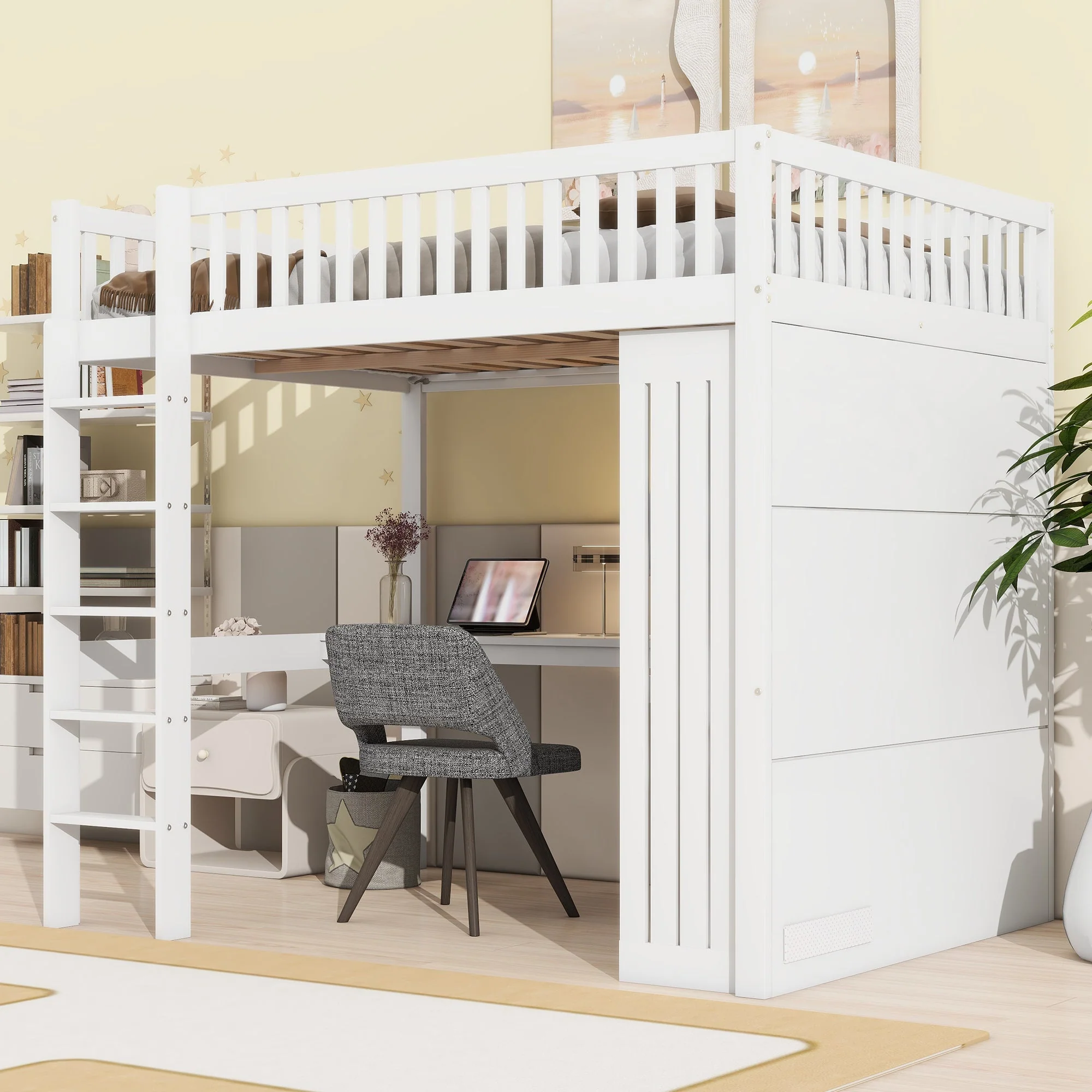 Loft Bed 140x200cm Desk Wardrobe 3 Drawers Storage Stairs - White - Image 4