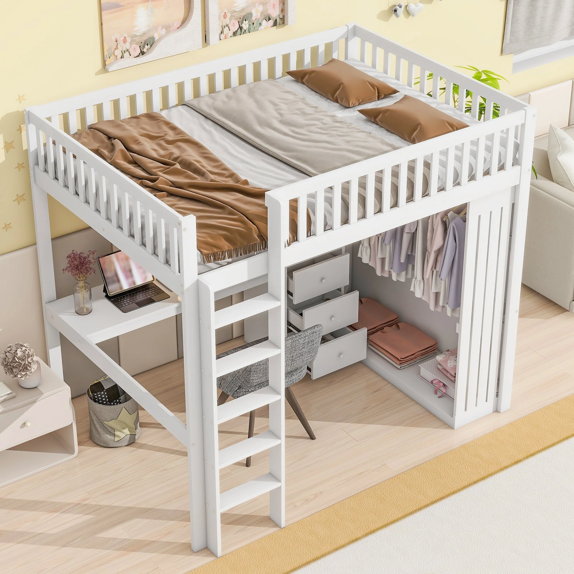 Loft Bed 140x200cm Desk Wardrobe 3 Drawers Storage Stairs - White - Image 5