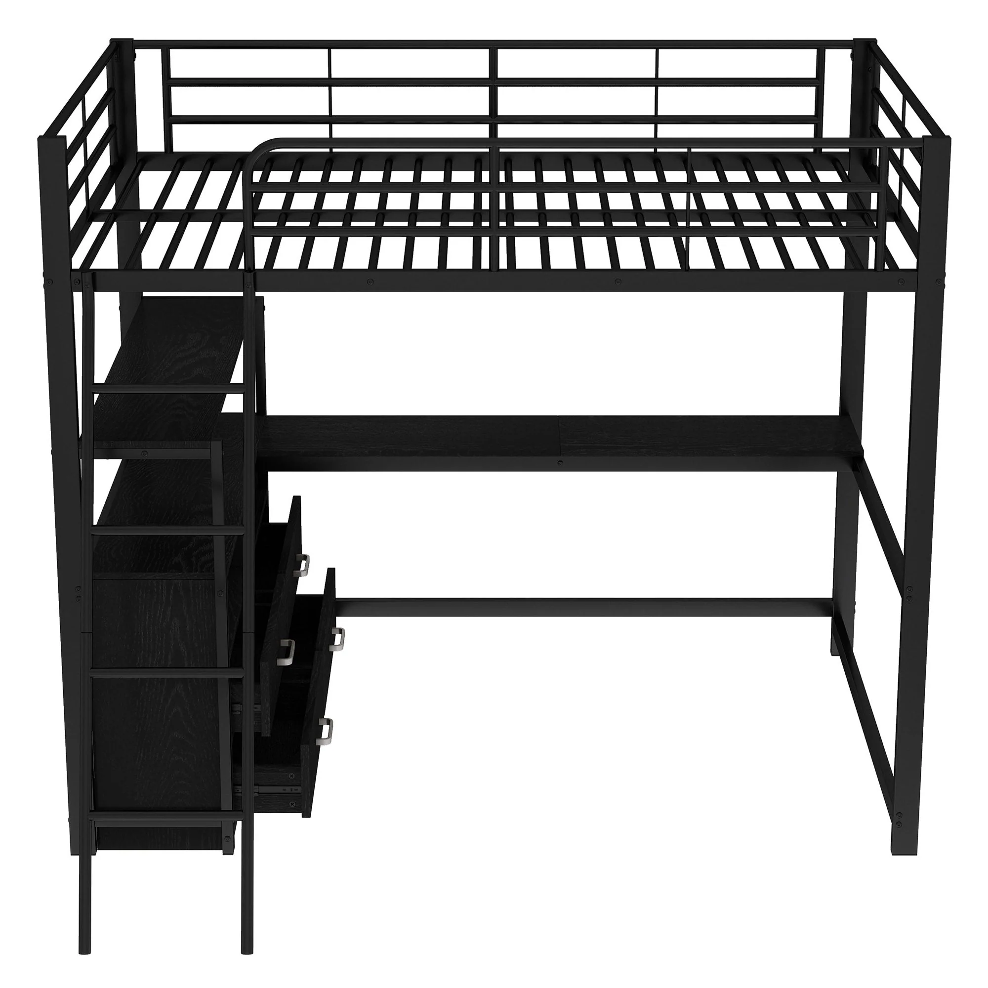 Loft Bed 140x200cm Iron Frame Drawers L-Shaped Desk - Black - Image 8