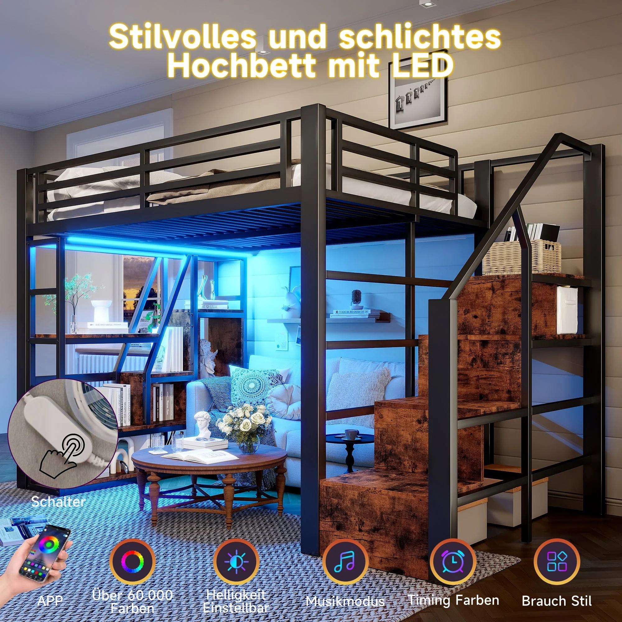 Loft Bed 140x200cm Iron Frame, Storage, Steps, LED, Black - Image 2