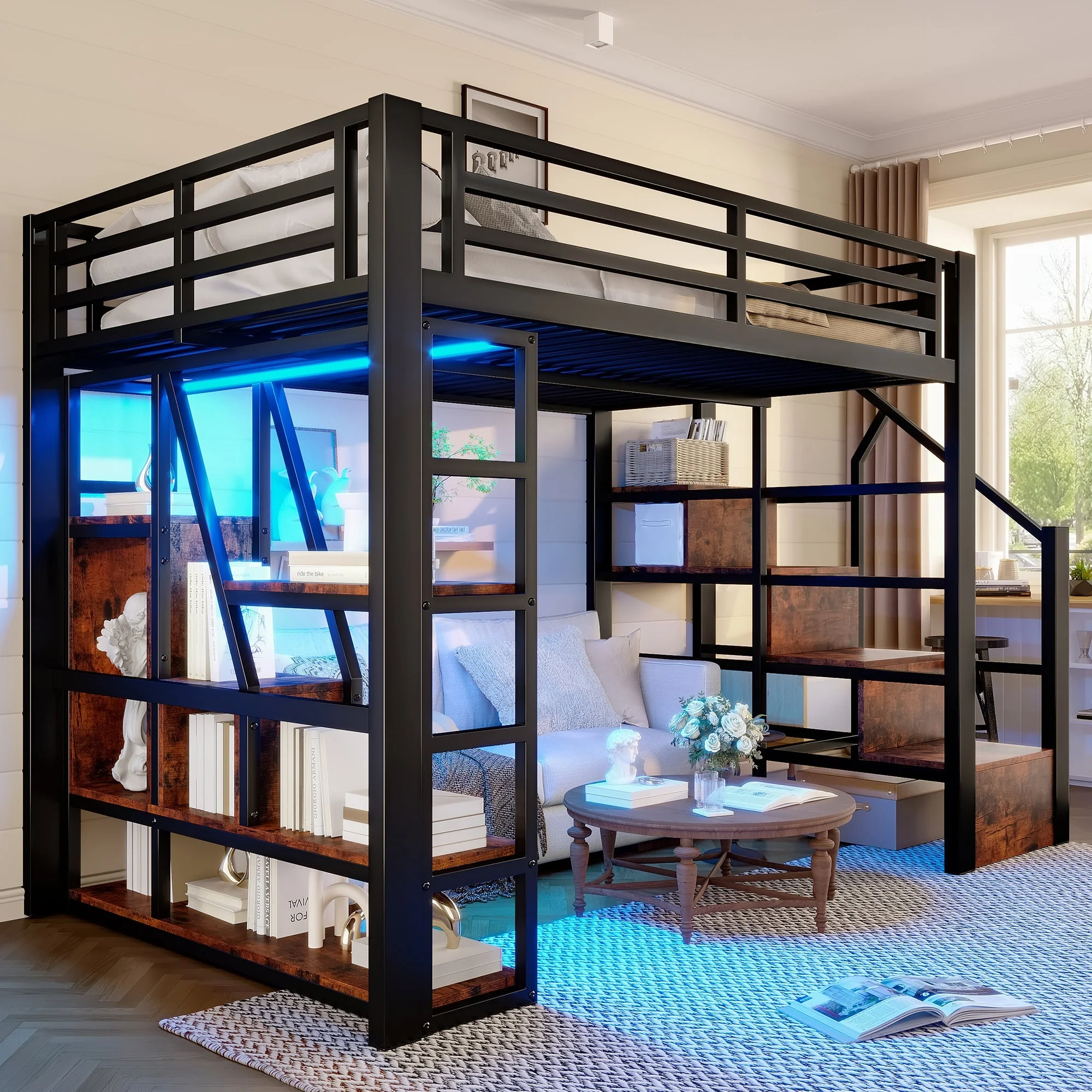 Loft Bed 140x200cm Iron Frame, Storage, Steps, LED, Black - Image 6