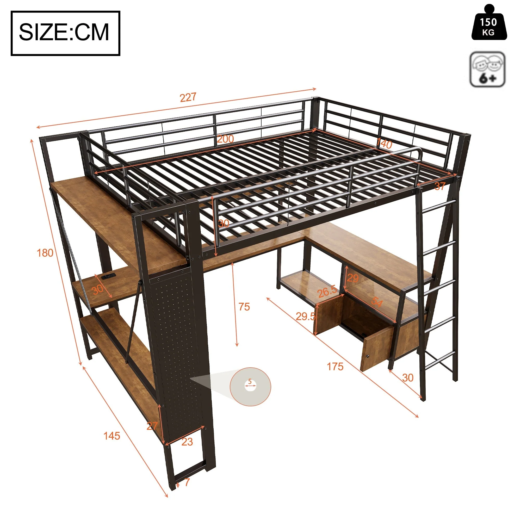 Loft Bed 140x200cm Iron Frame with Desk LED Light Strip USB Port Black - Image 10