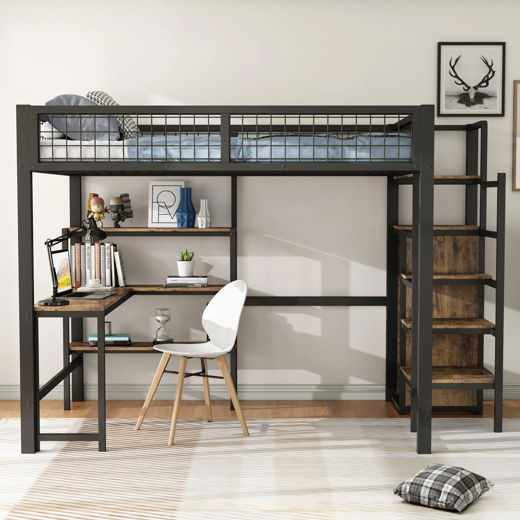 Loft Bed 140x200cm Iron Frame with Storage Ladder Shelves Wardrobe Desk Black - Image 3