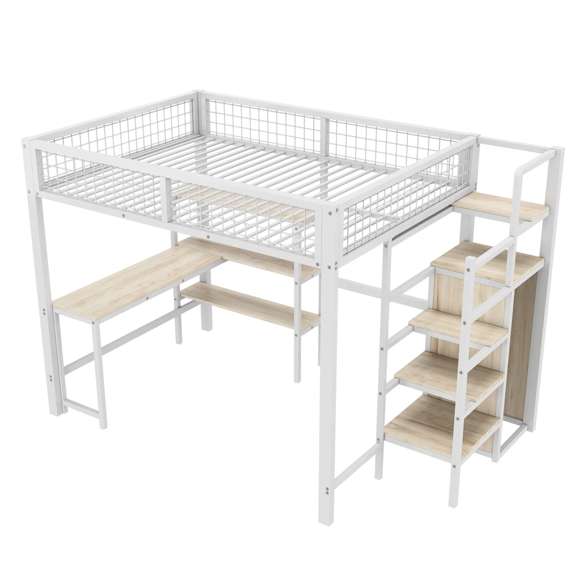 Loft Bed 140x200cm Iron Frame with Storage Ladder Shelves Wardrobe Desk White - Image 8