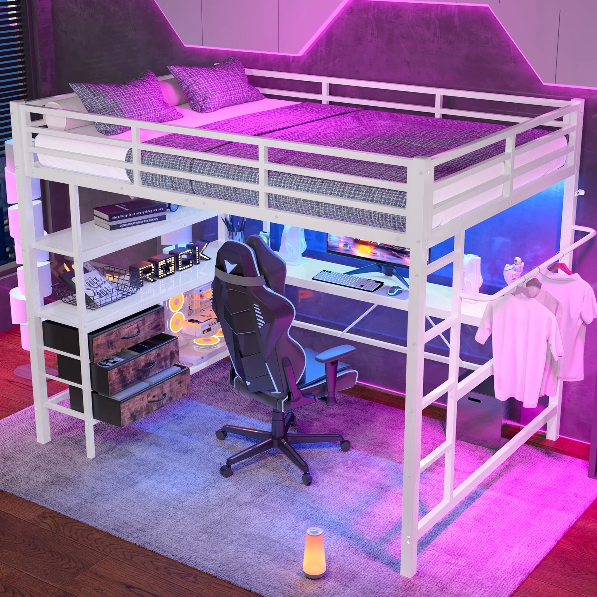 Loft Bed 140x200cm LED Desk USB/Power 3 Drawers Stairs - White - Image 9