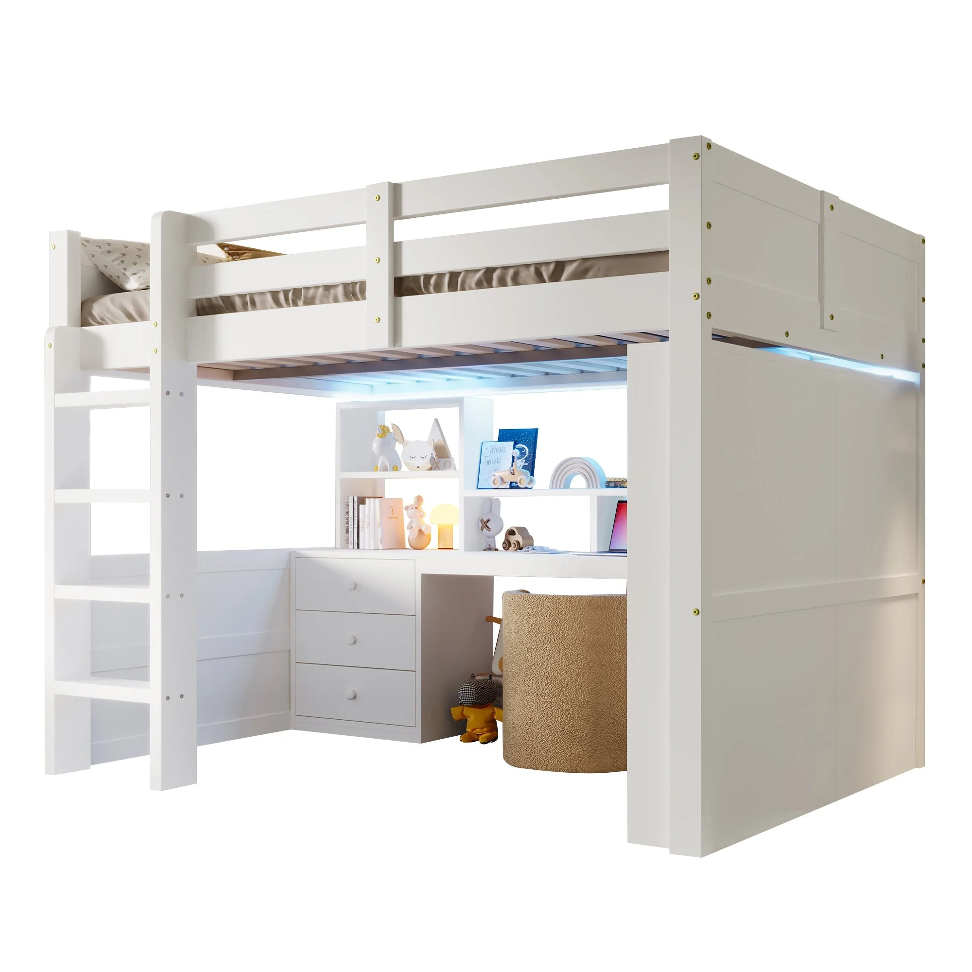 Loft Bed 140x200cm LED Lights Wardrobe Desk Drawers Storage - White - Image 8