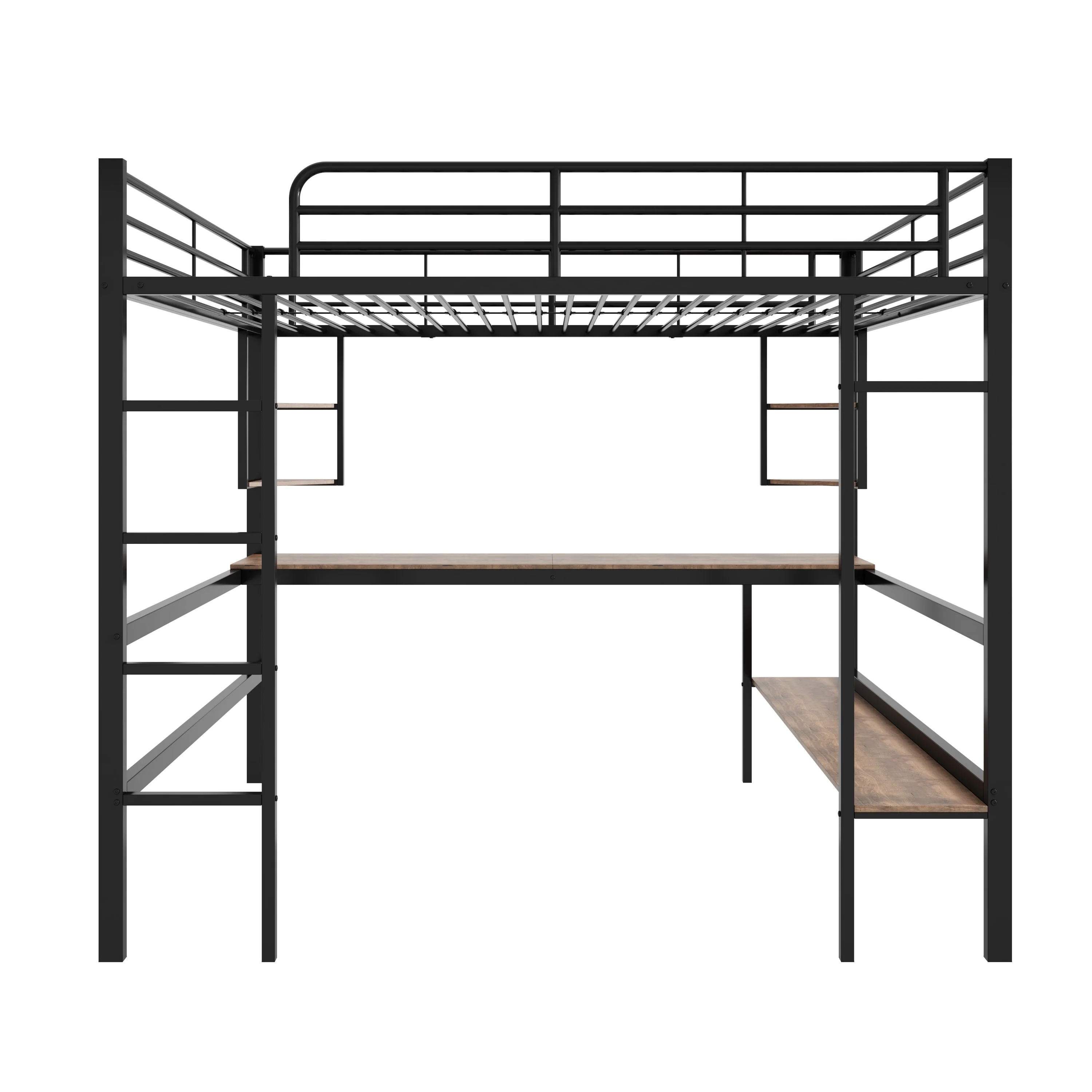 Loft Bed 140x200cm Metal Frame with Desk Shelves & Bookcase - Black - Image 6