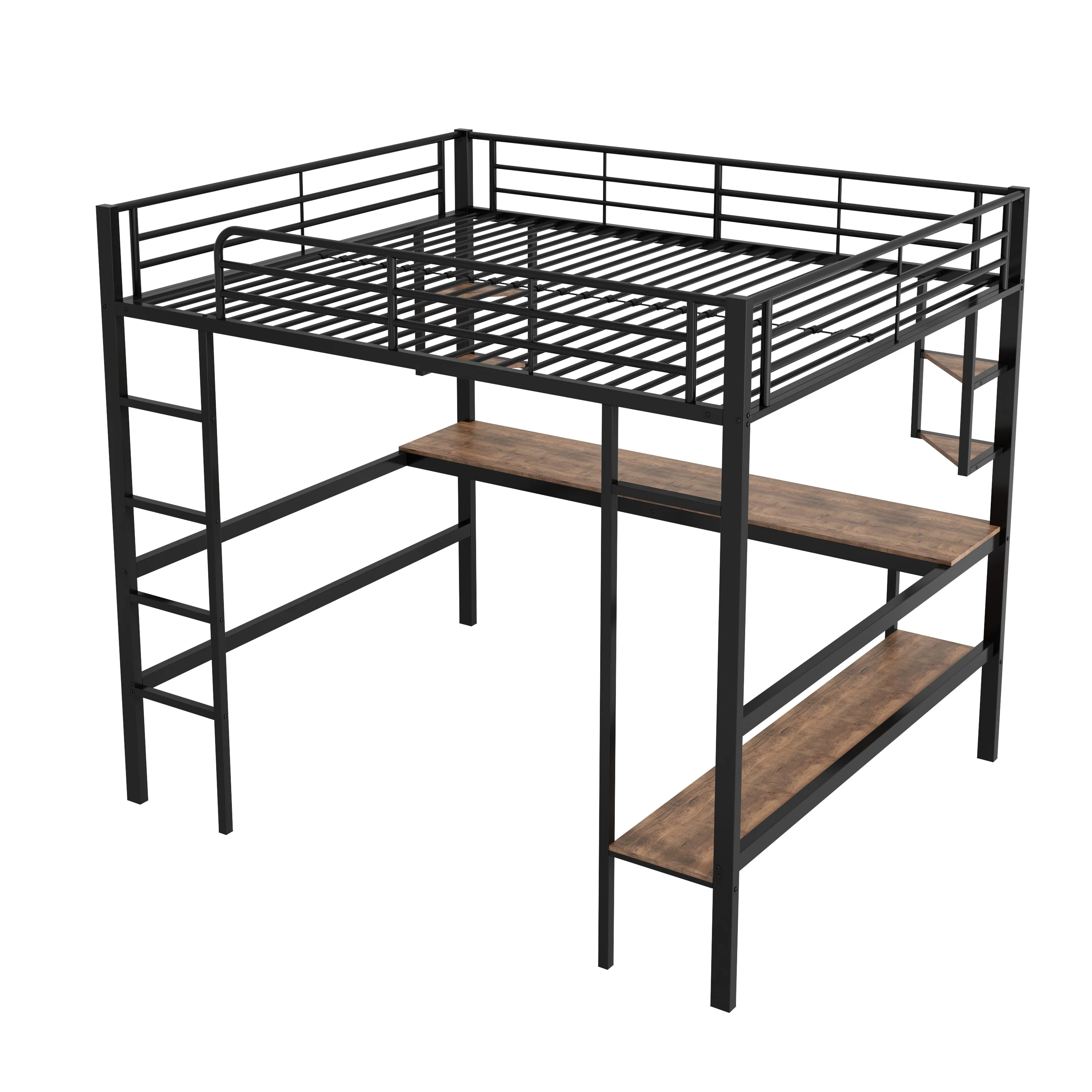 Loft Bed 140x200cm Metal Frame with Desk Shelves & Bookcase - Black - Image 8