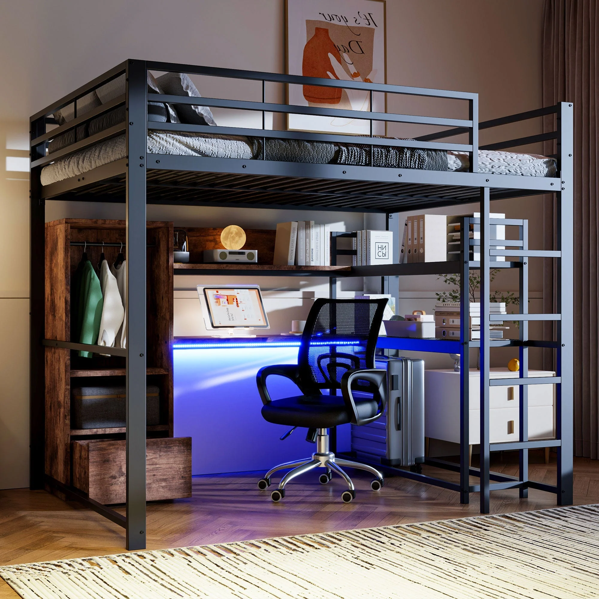 Loft Bed 140x200cm Metal LED Desk Drawer Shelves Stairs - Black