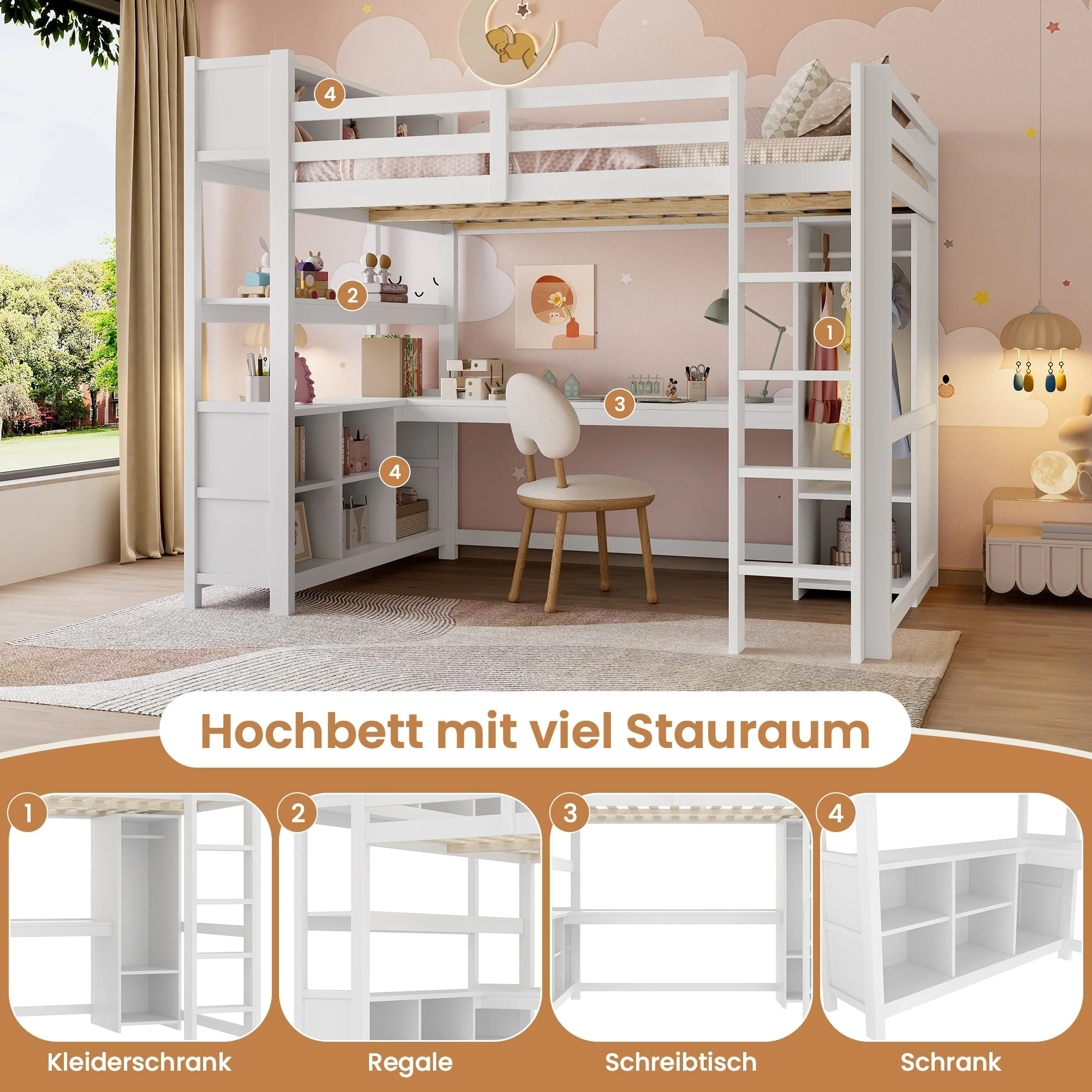 Loft Bed 140x200cm, Shelves, Desk, Wardrobe, White - Image 5
