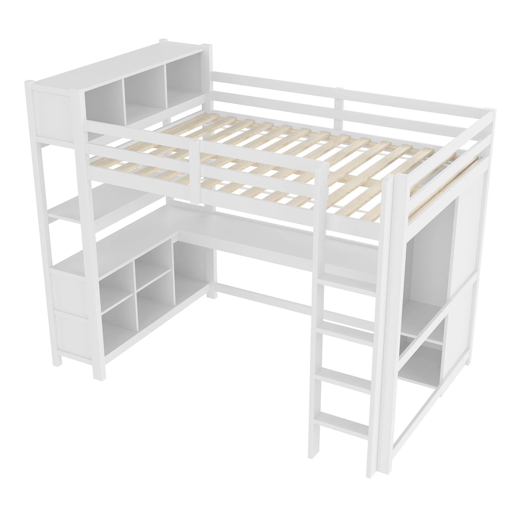 Loft Bed 140x200cm, Shelves, Desk, Wardrobe, White - Image 8