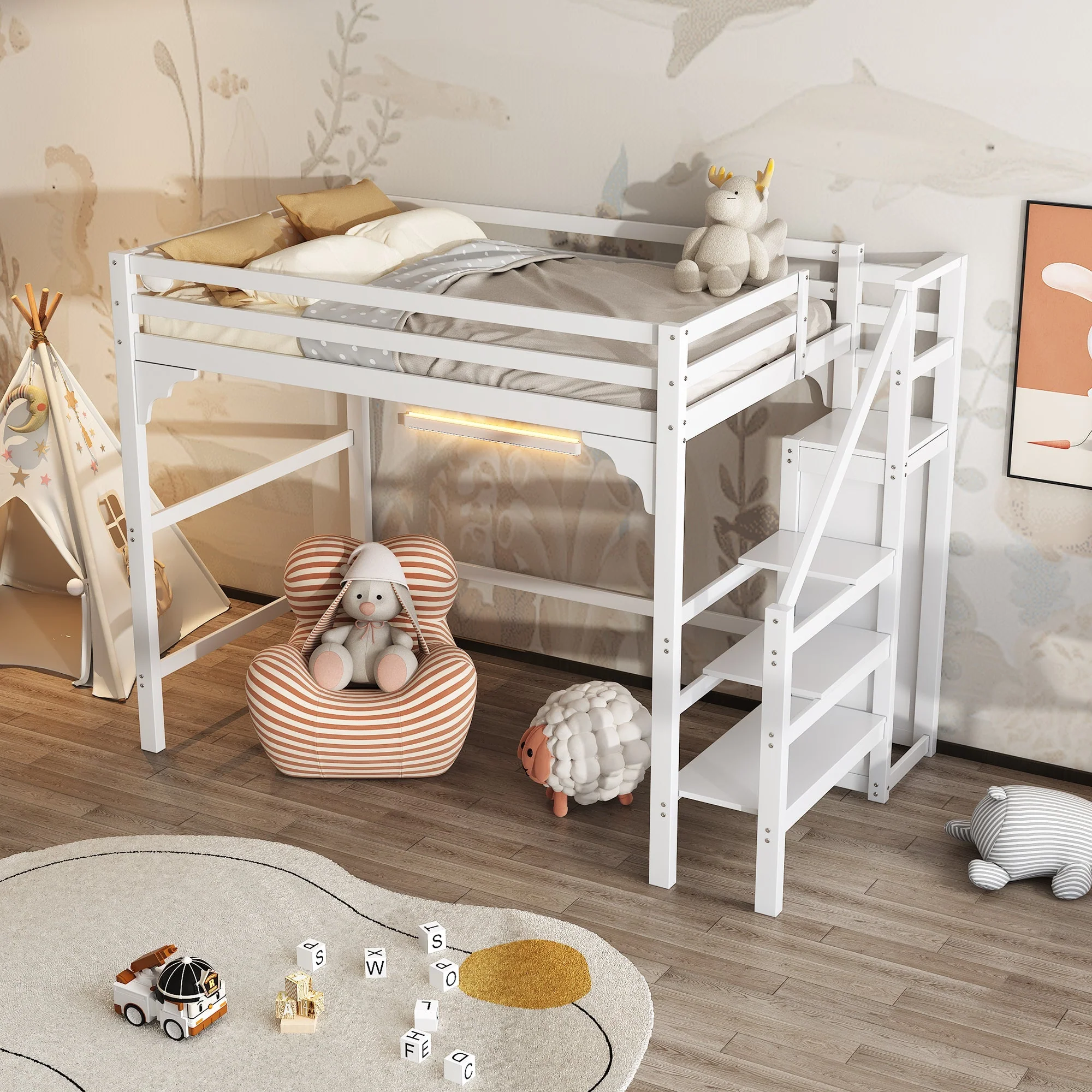 Loft Bed 140x200cm Steps Wardrobe Storage - White - Image 2