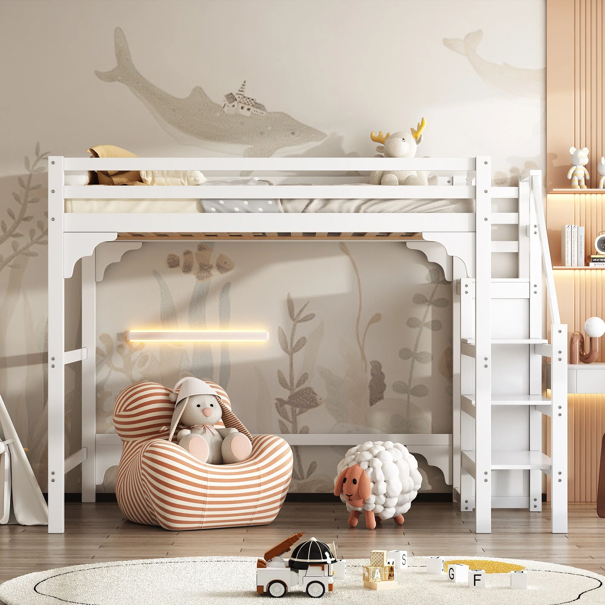 Loft Bed 140x200cm Steps Wardrobe Storage - White - Image 3