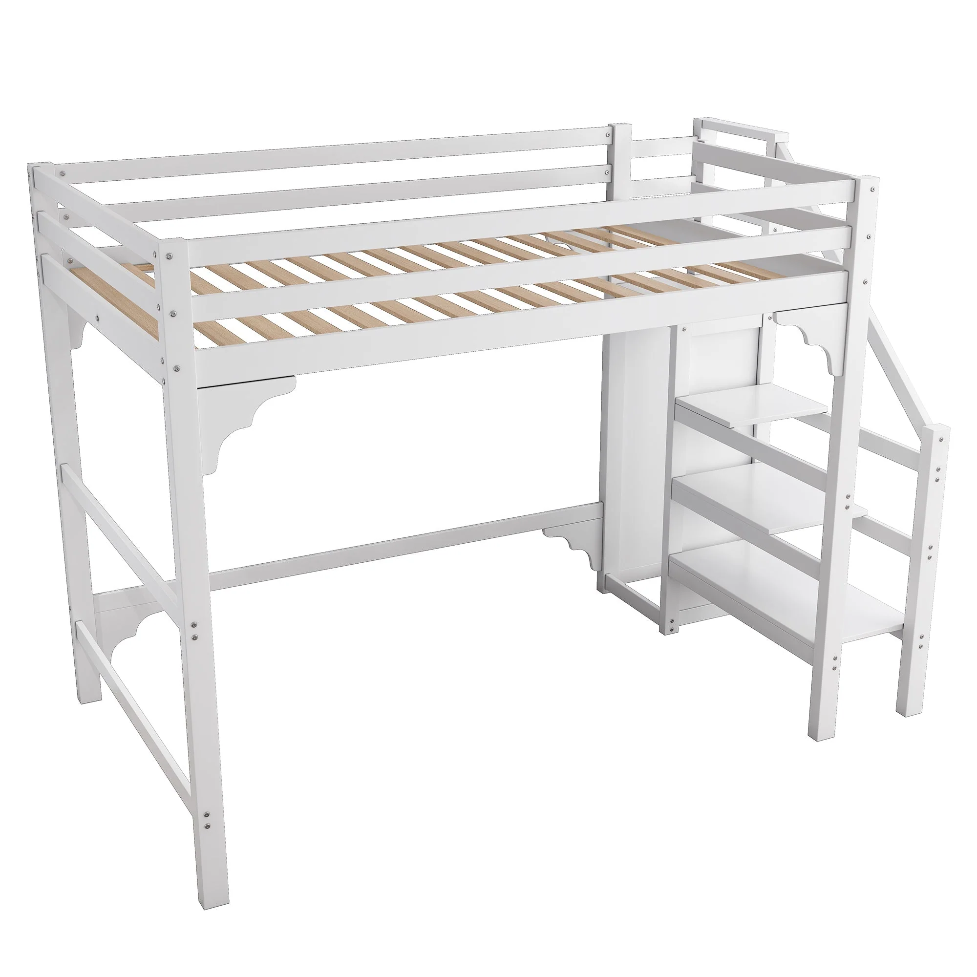 Loft Bed 140x200cm Steps Wardrobe Storage - White - Image 9