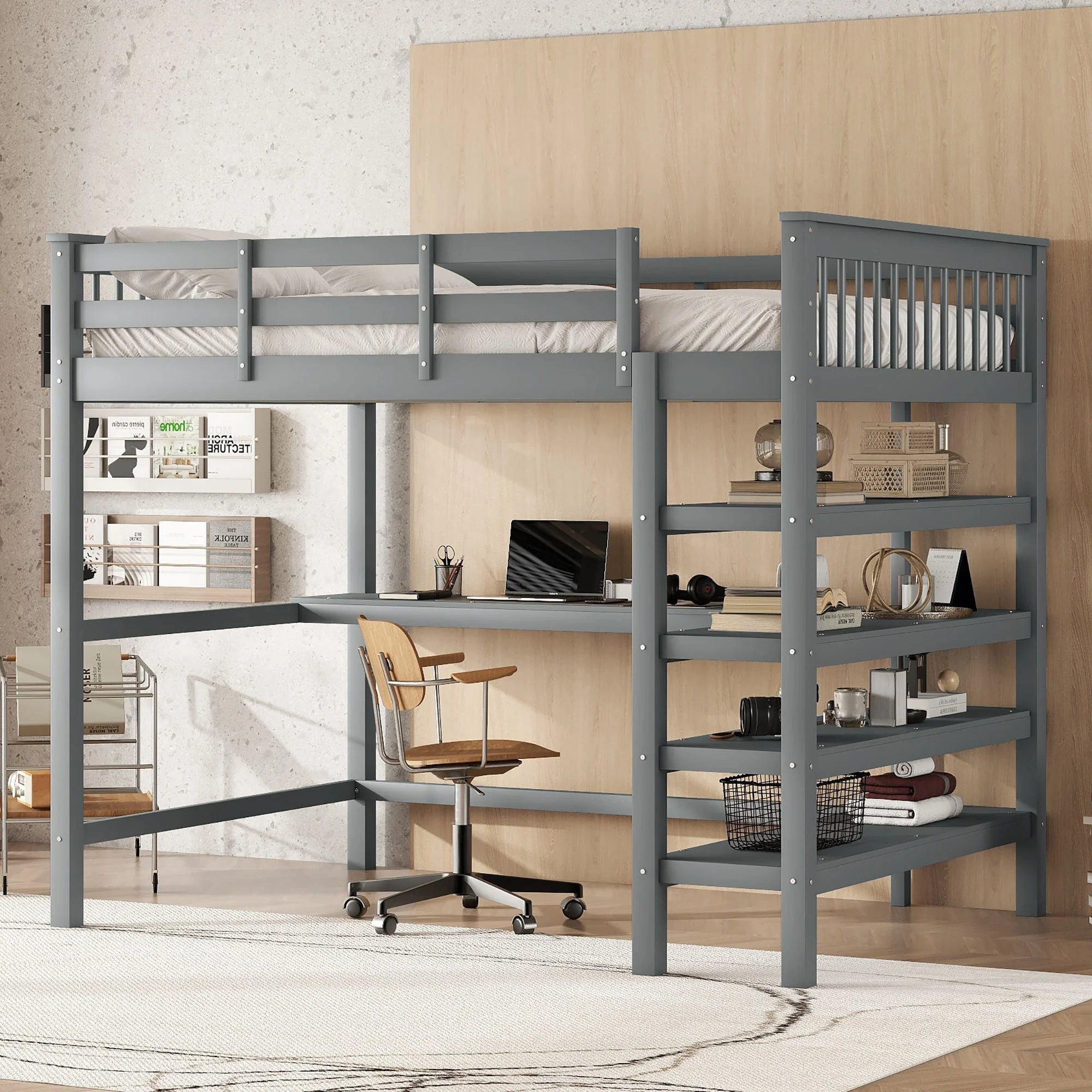 Loft Bed 140x200cm Storage Compartments Desk - Grey