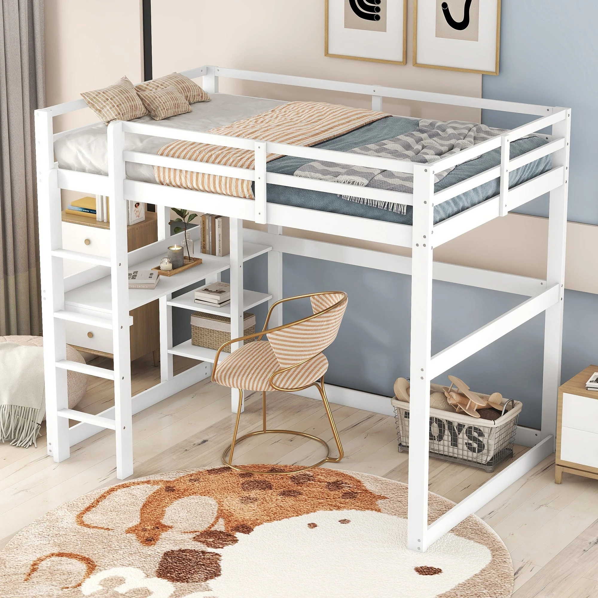 Loft Bed 140x200cm Storage Desk 4 Compartments - White Pine - Image 3