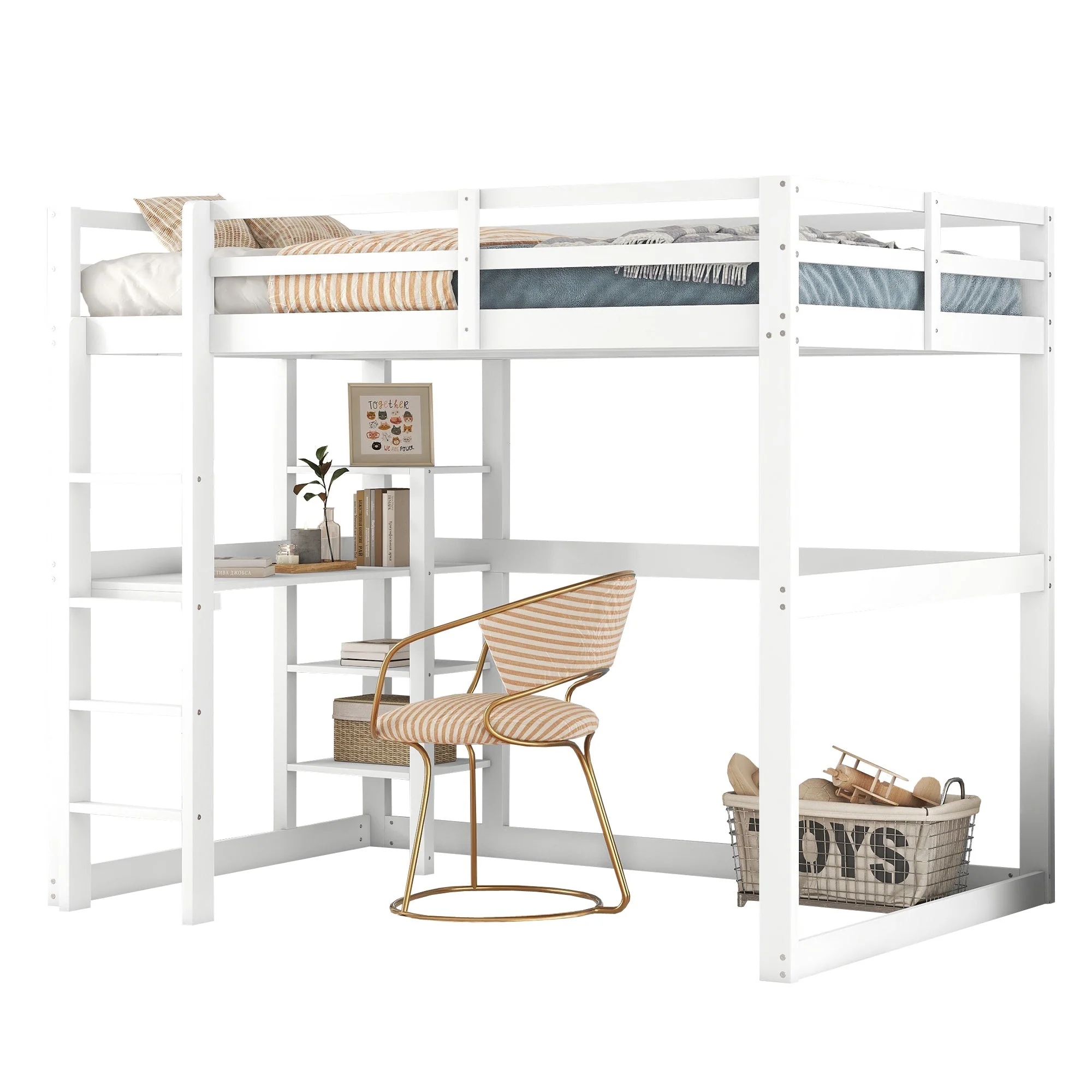 Loft Bed 140x200cm Storage Desk 4 Compartments - White Pine - Image 4
