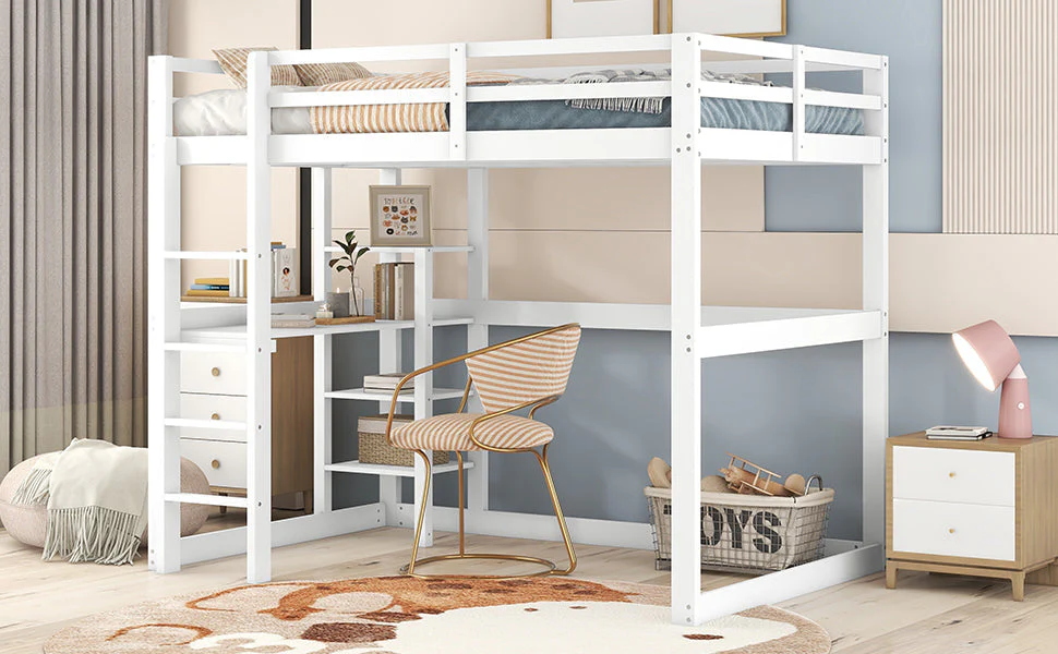 Loft Bed 140x200cm Storage Desk 4 Compartments - White Pine - Image 6