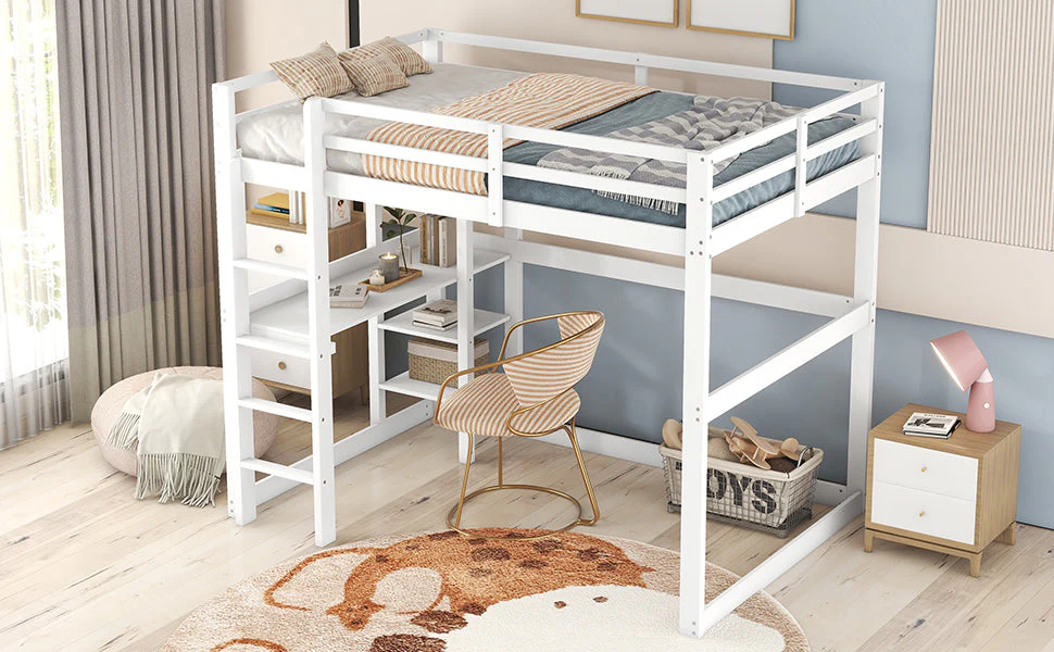 Loft Bed 140x200cm Storage Desk 4 Compartments - White Pine - Image 8