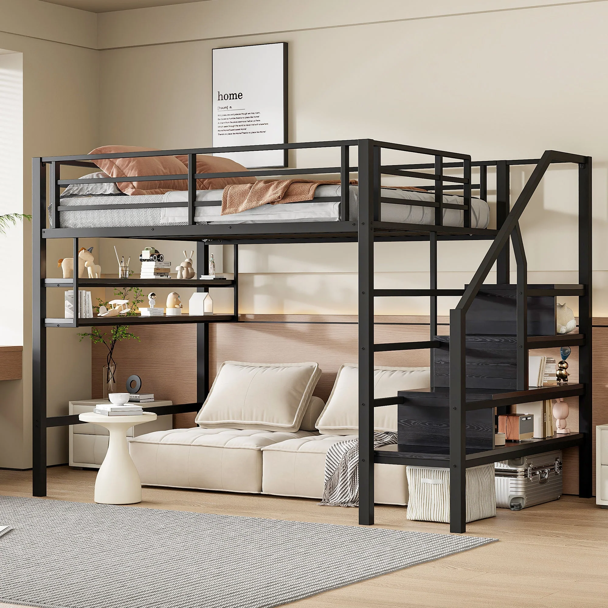 Loft Bed 140x200cm Storage Ladder Shelves Railing Black