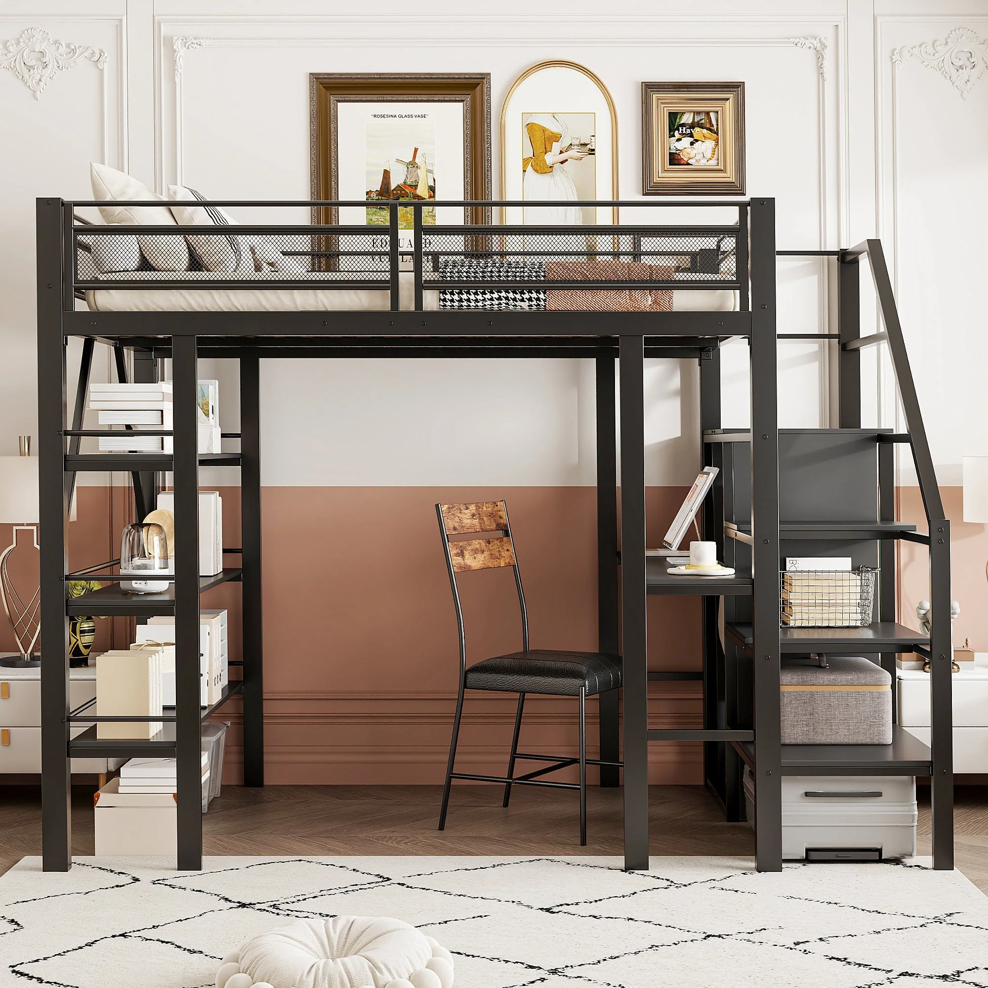Loft Bed 140x200cm Storage Shelf Desk Wardrobe Iron, Black - Image 3