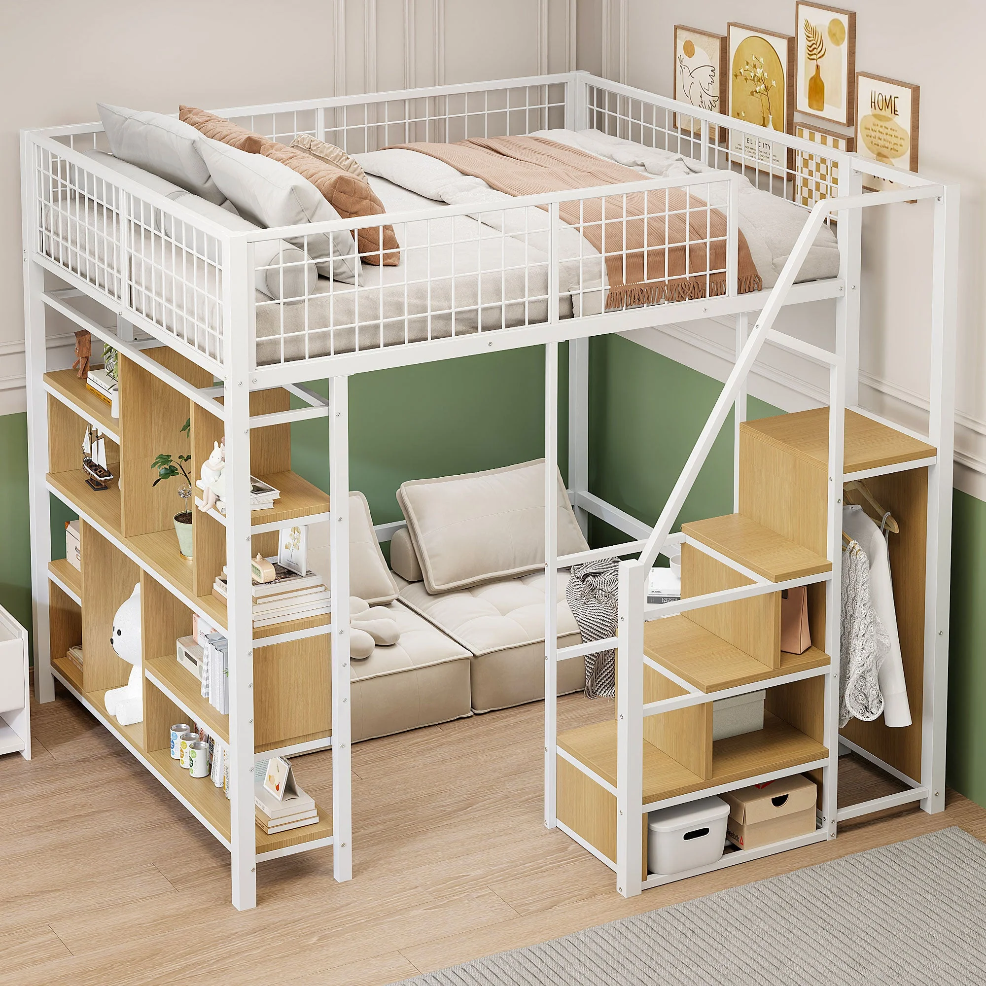 Loft Bed 140x200cm Storage Shelves Stairs - White Metal - Image 2