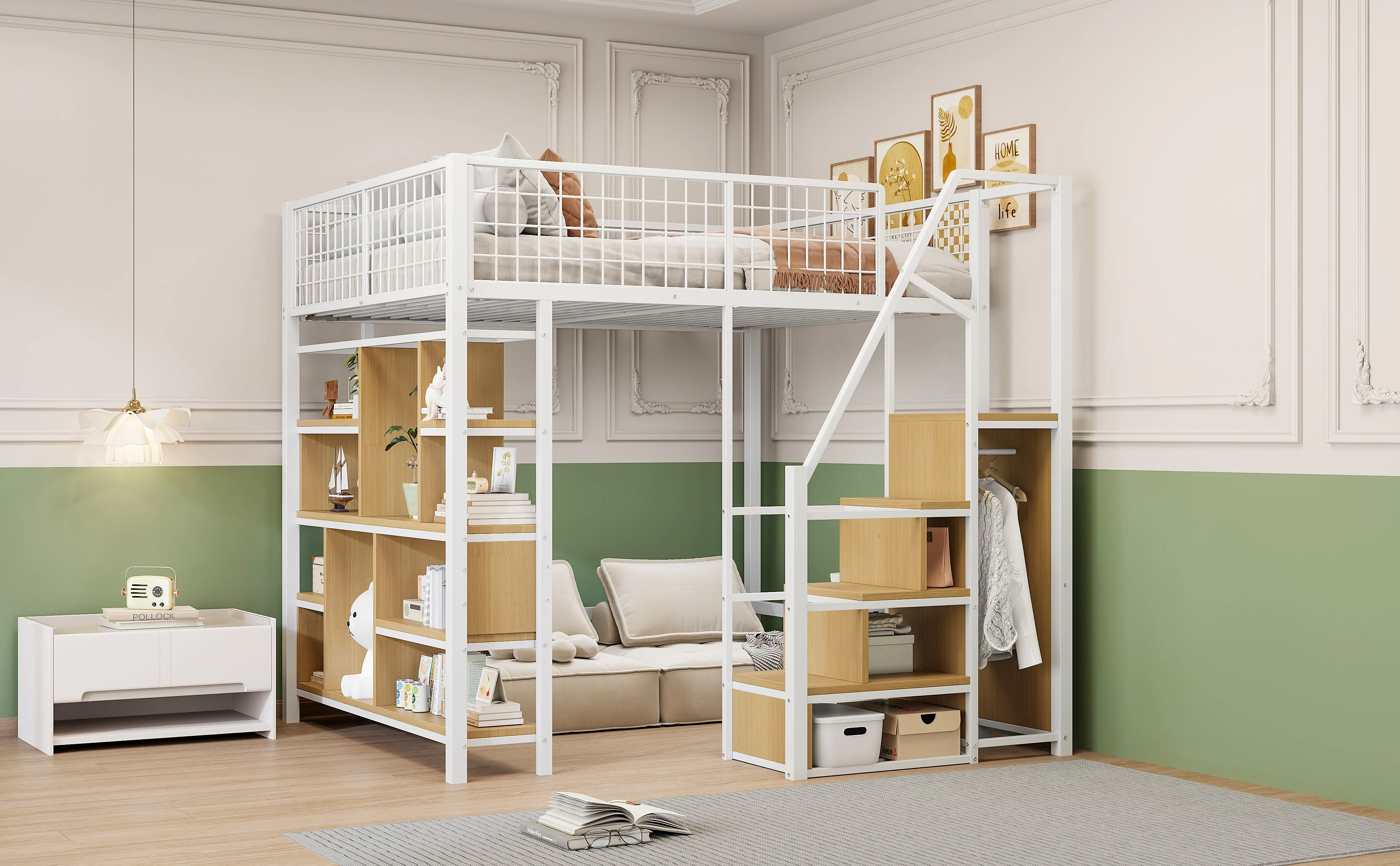 Loft Bed 140x200cm Storage Shelves Stairs - White Metal - Image 5
