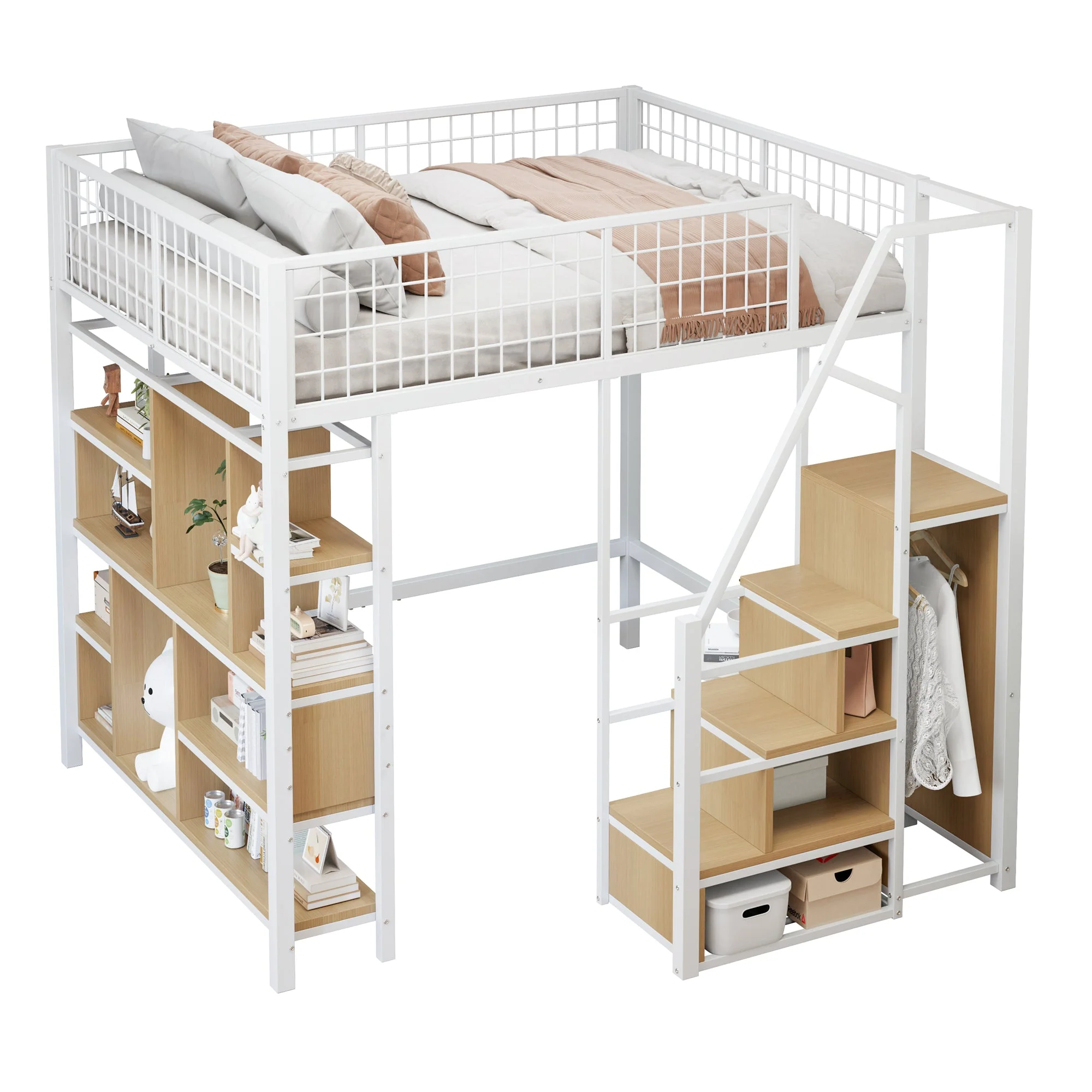 Loft Bed 140x200cm Storage Shelves Stairs - White Metal - Image 7