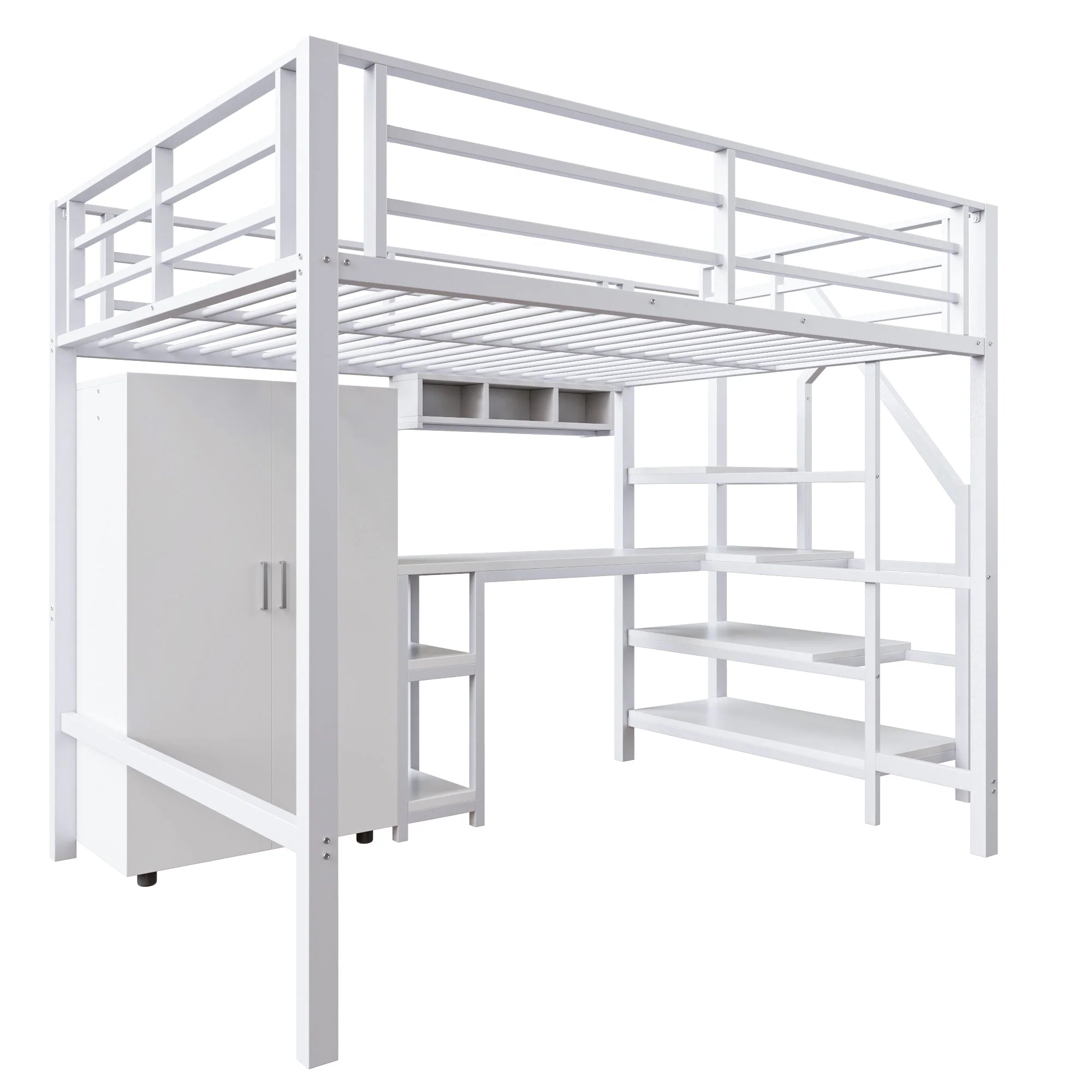 Loft Bed 140x200cm Wardrobe Desk Storage Ladder Shelves - White - Image 10