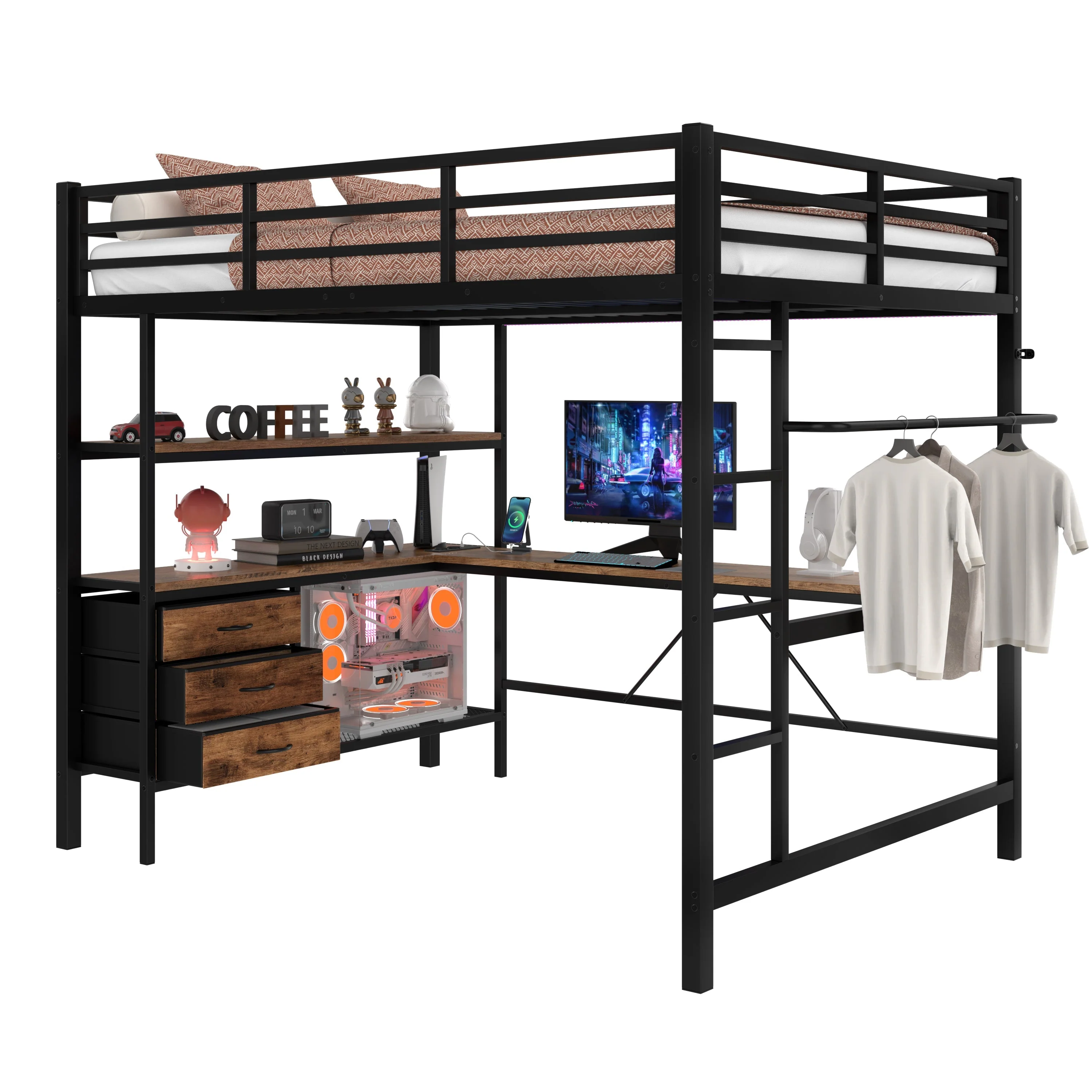 Loft Bed 140x200cm with LED Desk USB Port 3 Drawers Stairs - Black - Image 10