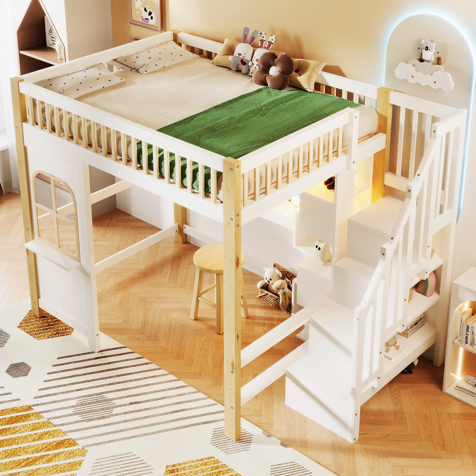 Loft Bed 140x200cm with LED Lights, Desk, and Storage Ladder, White + Natural - Image 2