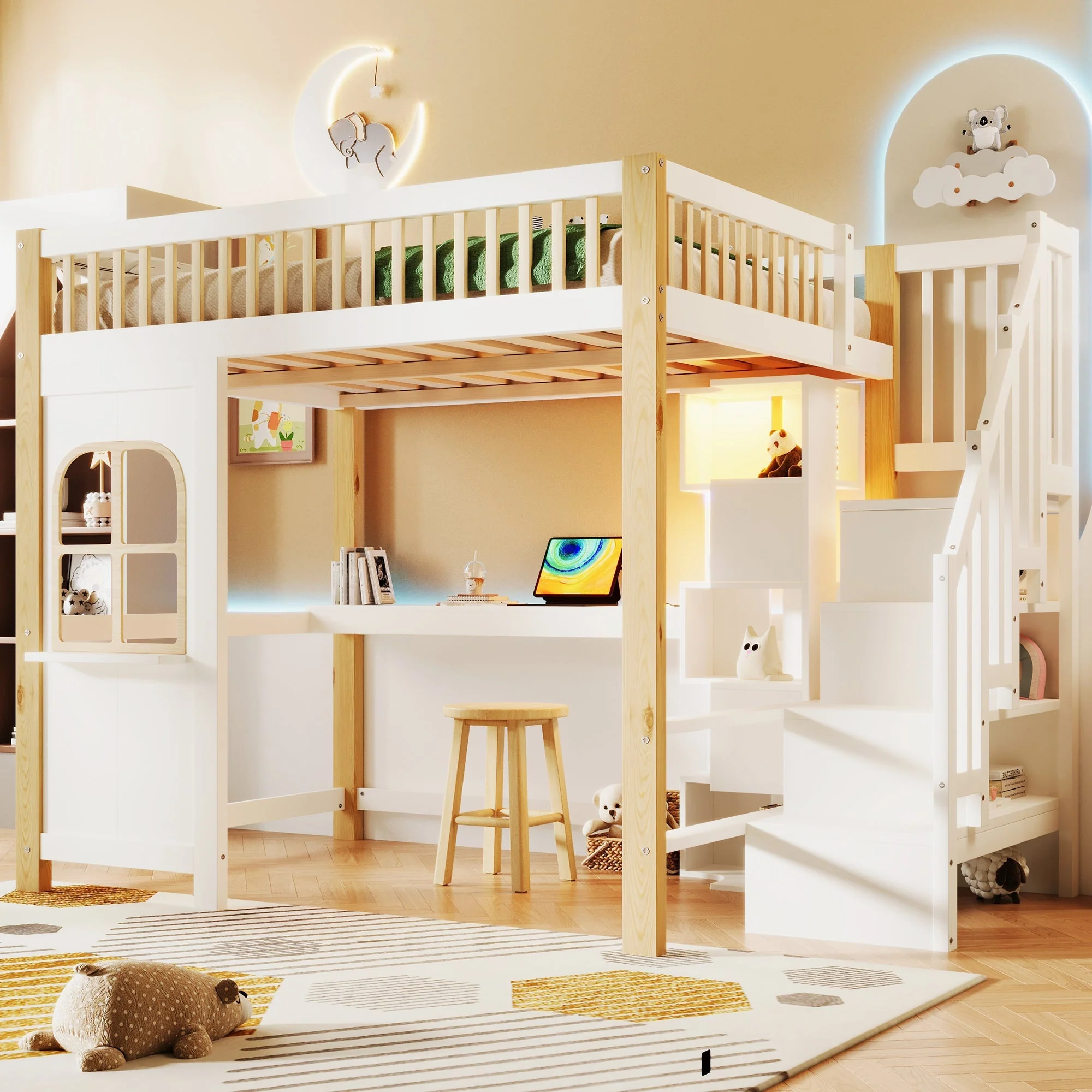 Loft Bed 140x200cm with LED Lights, Desk, and Storage Ladder, White + Natural - Image 4