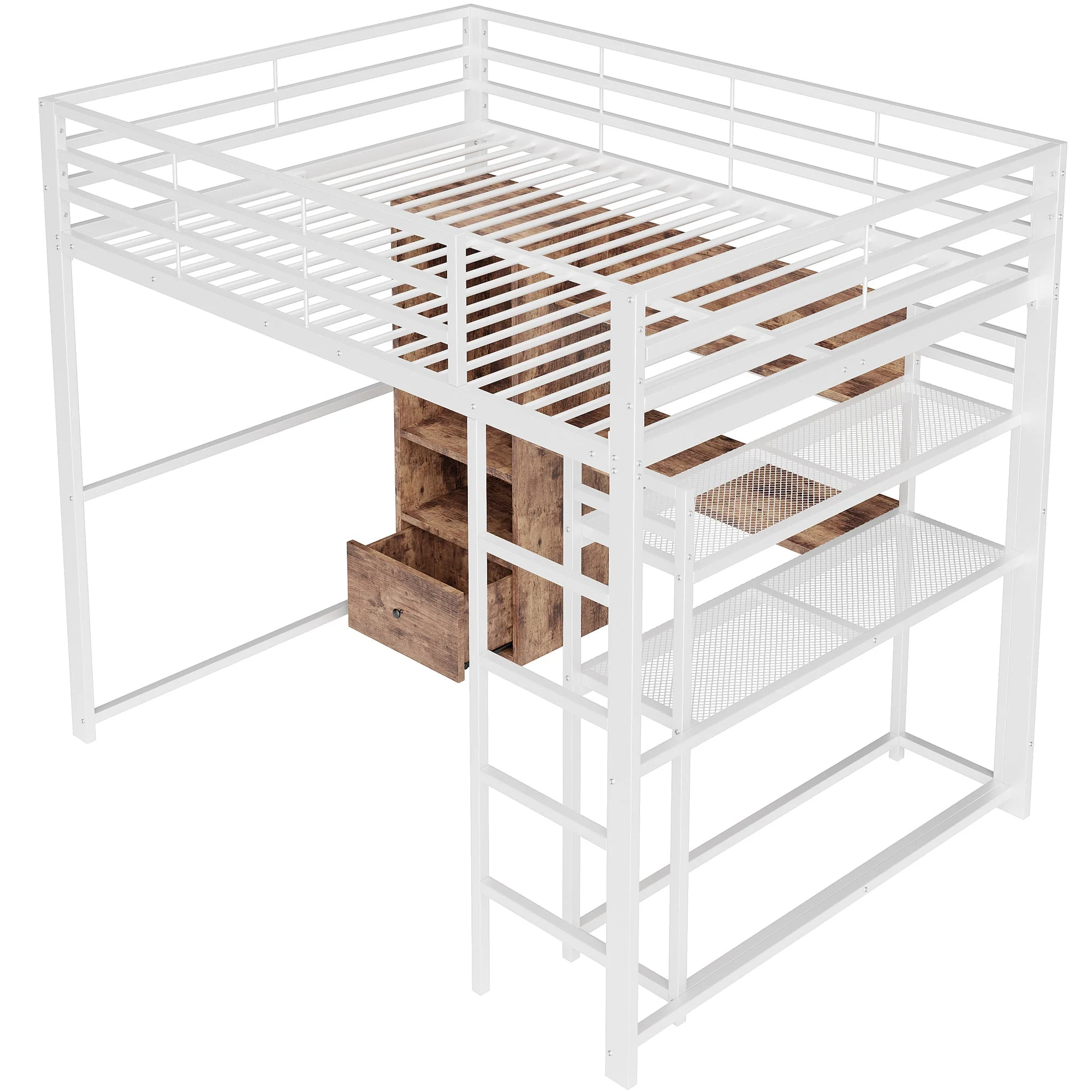 Loft Bed 140x200cm with LED Lights Desk Drawer Shelves Stairs Metal White - Image 10