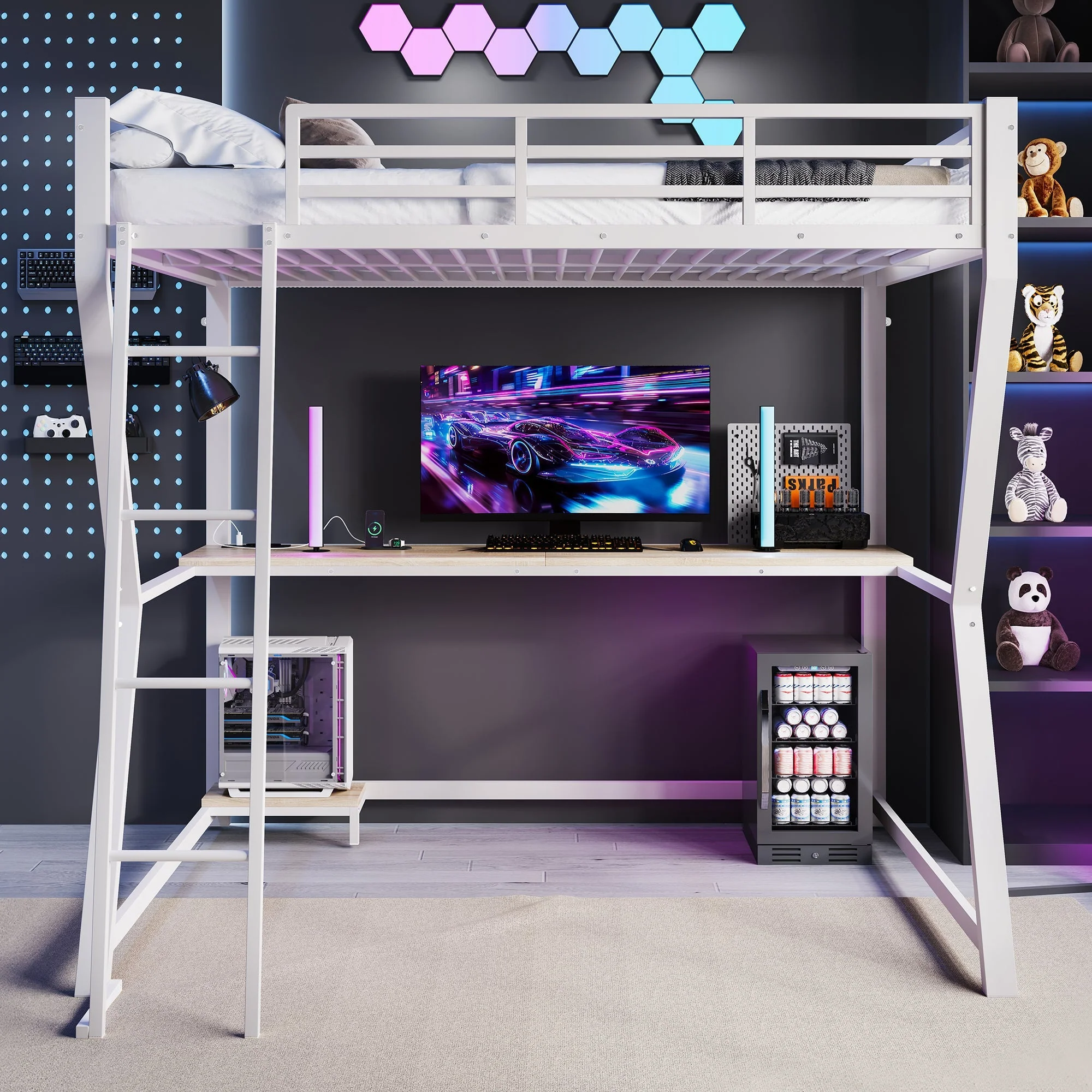Loft Bed 140x200cm with LED Lights Desk USB/Power Outlet Stairs Storage Shelf White - Image 8