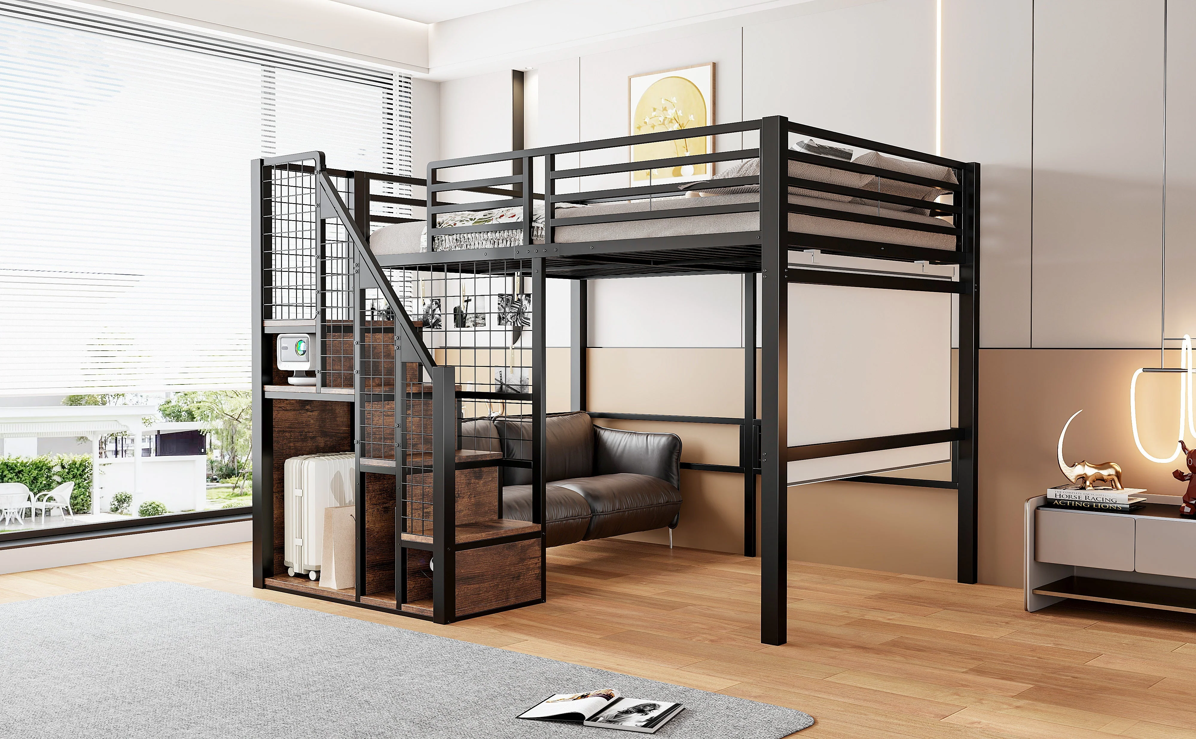 Loft Bed 140x200cm with Safety Ladder Iron Frame Storage Area - Black - Image 5
