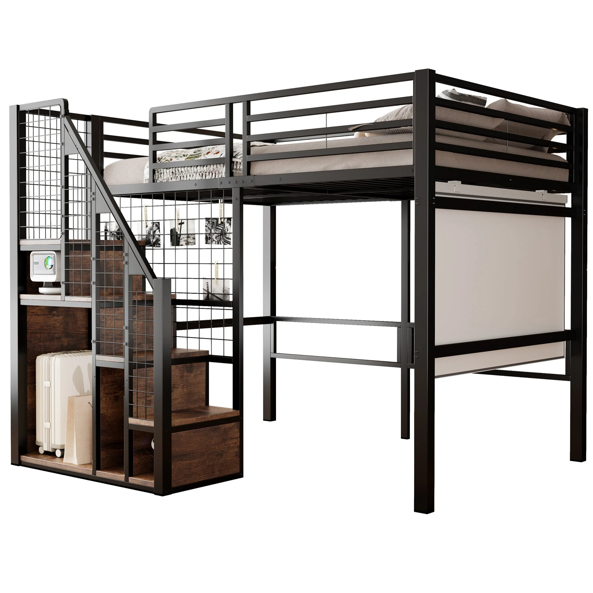 Loft Bed 140x200cm with Safety Ladder Iron Frame Storage Area - Black - Image 8