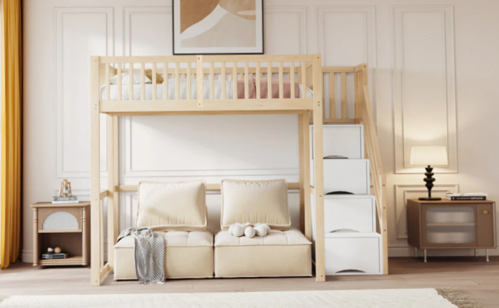 Loft Bed 140x200cm with Safety Ladder Railing & Storage Solid Pine Wood Color - Image 5