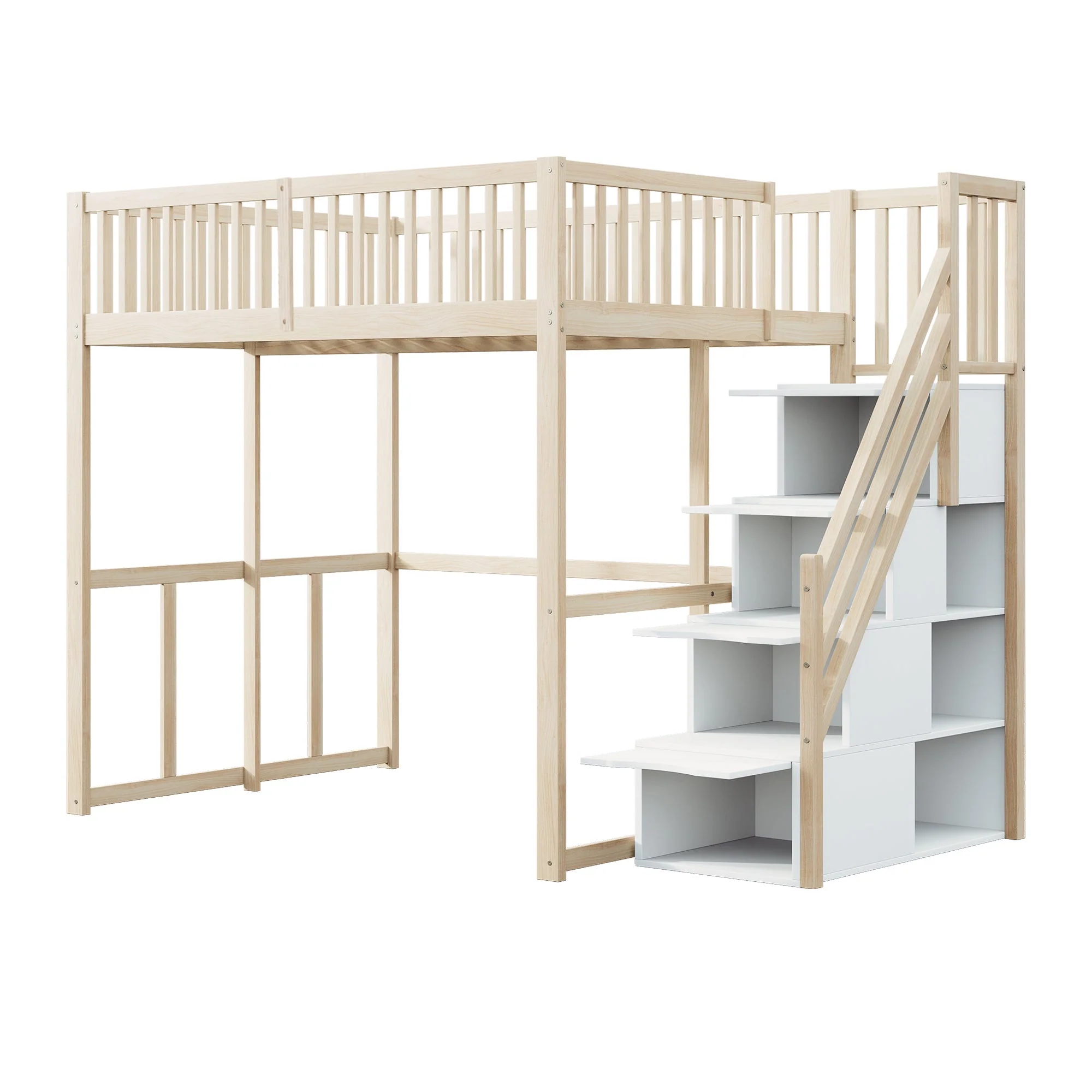 Loft Bed 140x200cm with Safety Ladder Railing & Storage Solid Pine Wood Color - Image 8