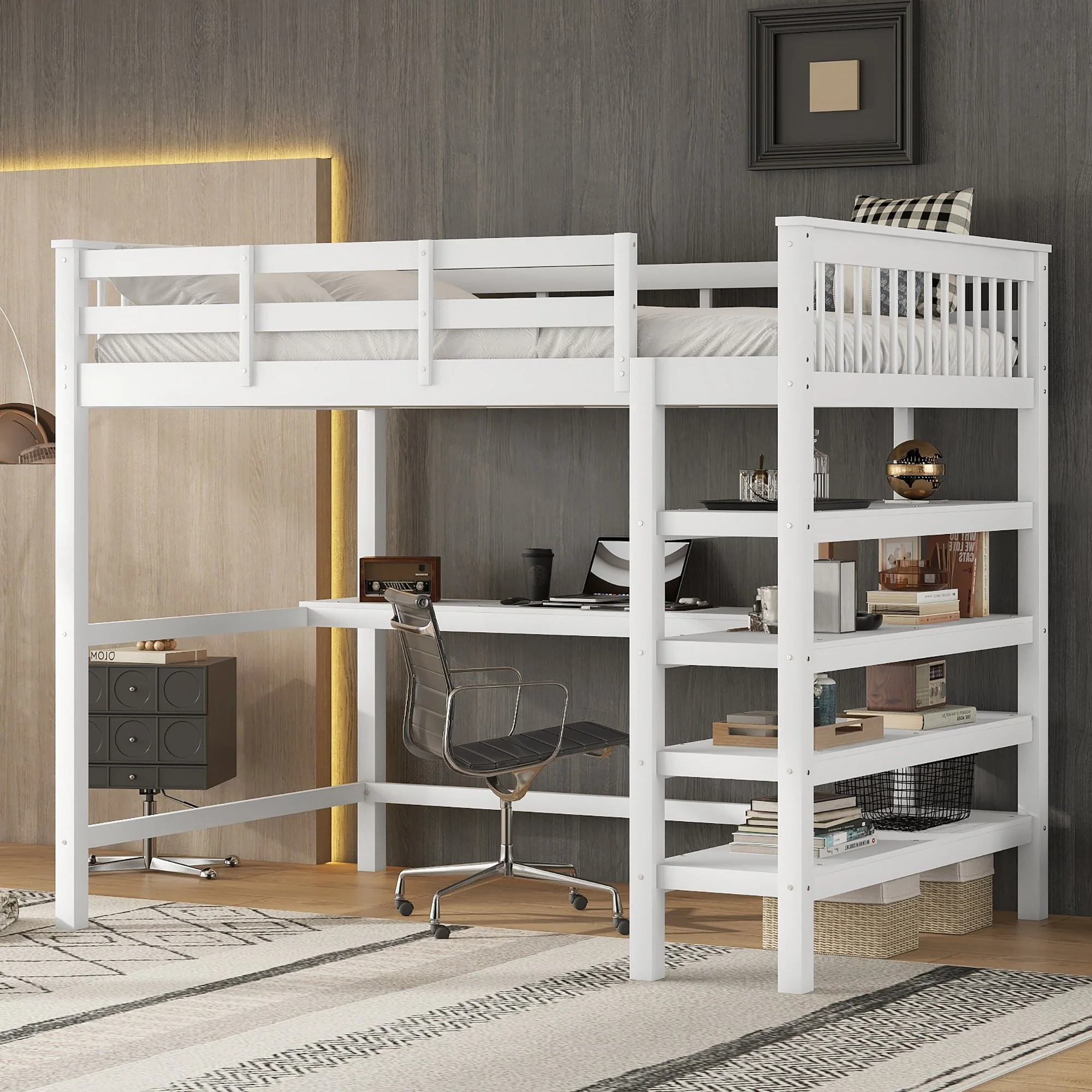 Loft Bed 140x200cm with Storage and Under-bed Desk - White